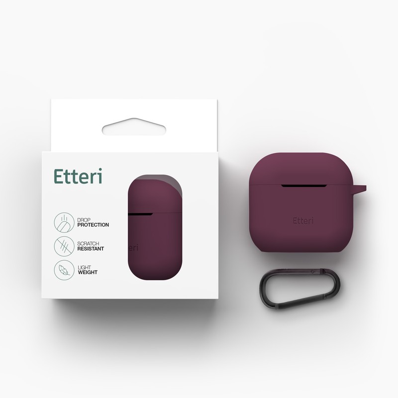 Husa casti Etteri pentru AirPods 4 dark cherry, carabinier pentru prindere, incarcare wireless, silicon, grosime 2 mm, Visiniu