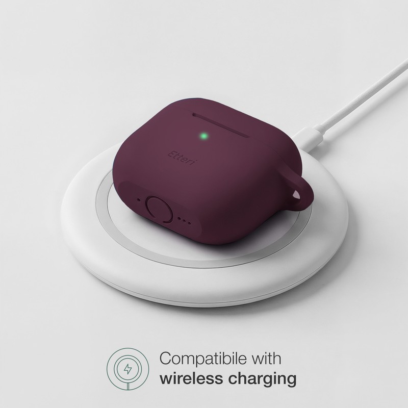 Husa casti Etteri pentru AirPods 4 dark cherry, carabinier pentru prindere, incarcare wireless, silicon, grosime 2 mm, Visiniu
