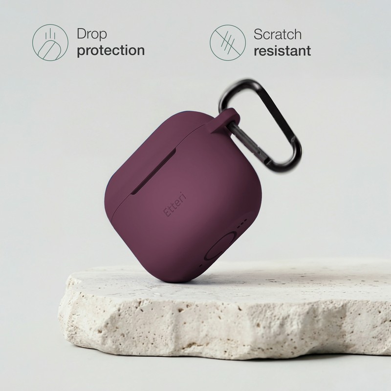 Husa casti Etteri pentru AirPods Pro 3 dark cherry, carabinier pentru prindere, incarcare wireless, silicon, grosime 2 mm, Visiniu