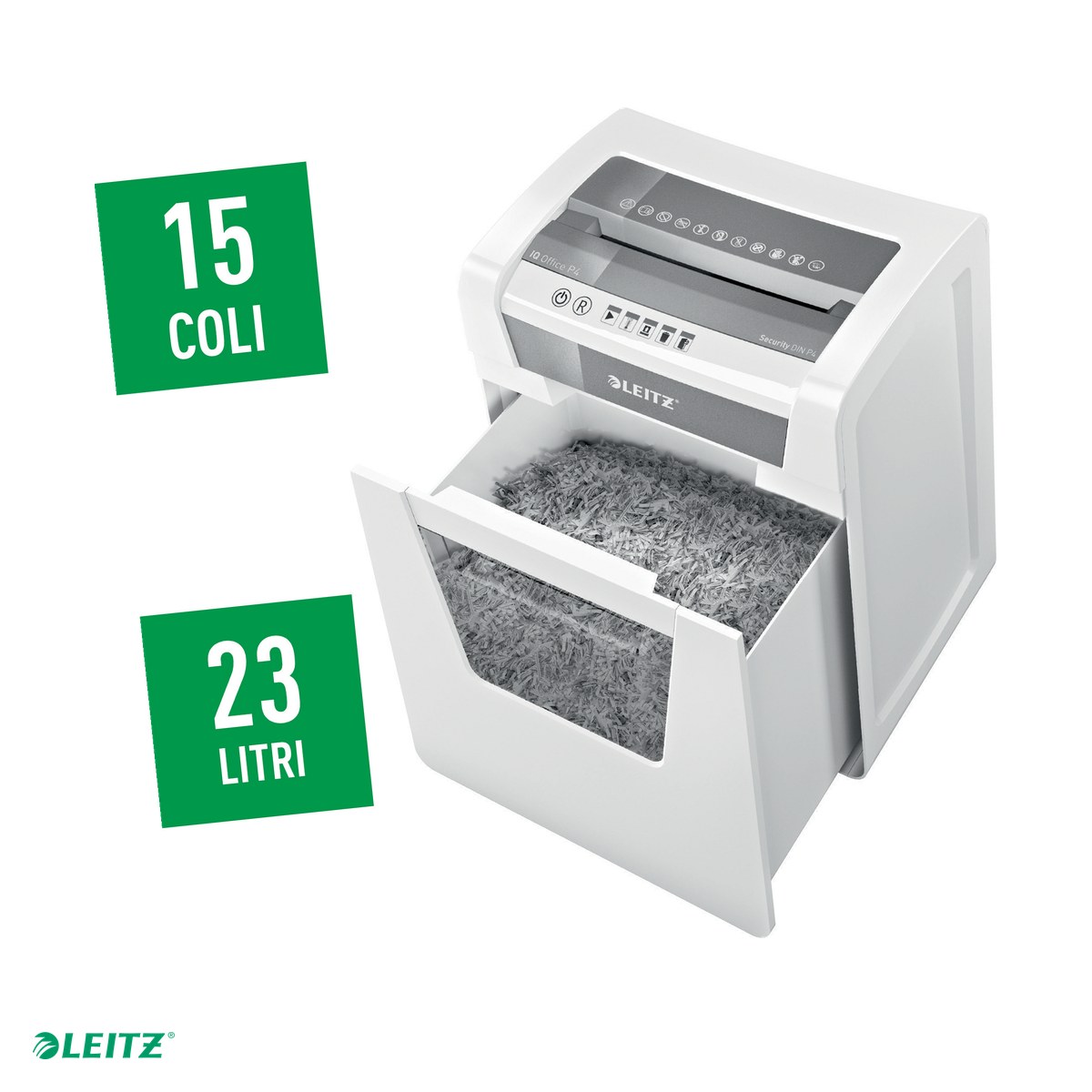 Distrugatoare documente si accesorii - Distrugator documente manual Leitz IQ Office, P4, cross-cut (confeti), taiere 15 coli, cos 23l, alb