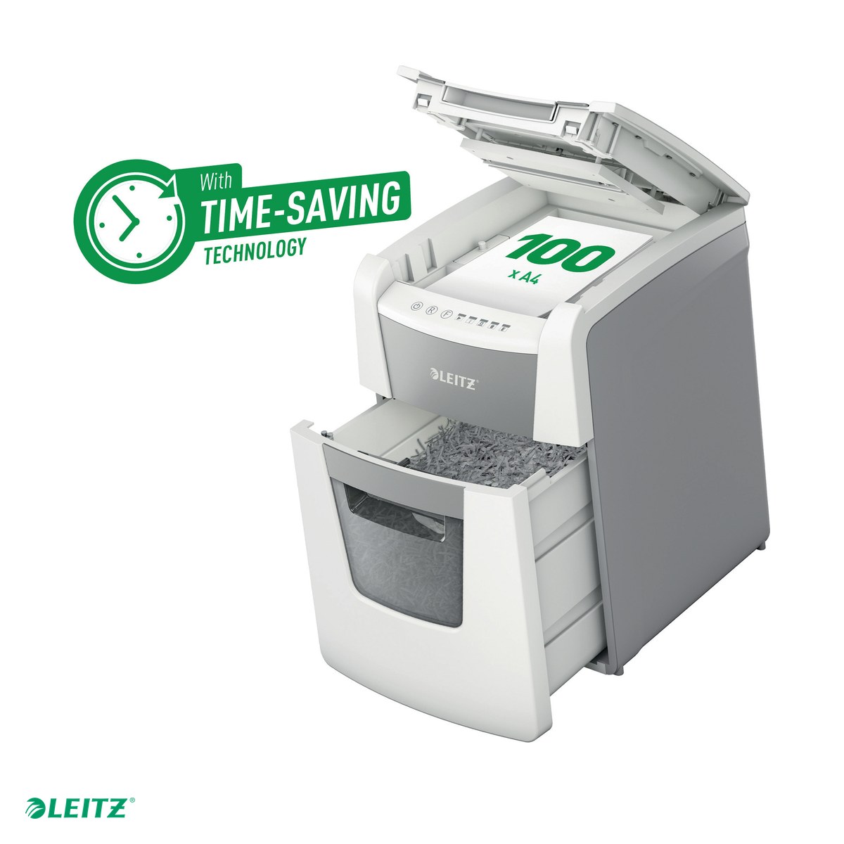 Distrugatoare documente si accesorii - Distrugator documente automat Leitz IQ Small Office, P4, cross-cut (confeti), taiere 100 coli, cos 34l, alb
