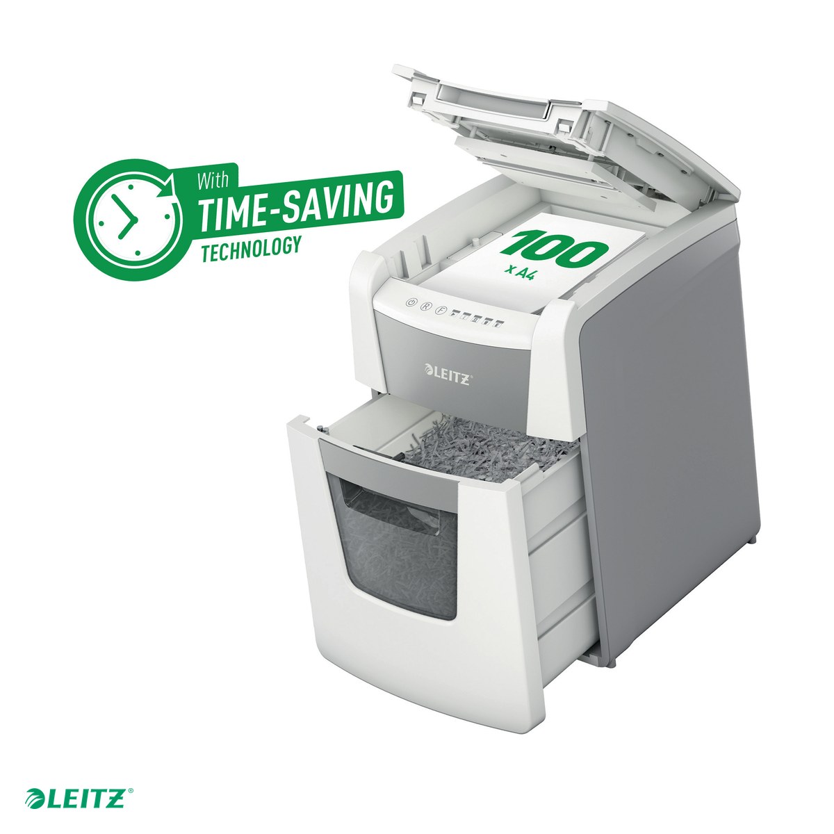 Distrugatoare documente si accesorii - Distrugator documente automat Leitz IQ Small Office, P5, micro-cut (particule), taiere 100 coli, cos 34l, alb