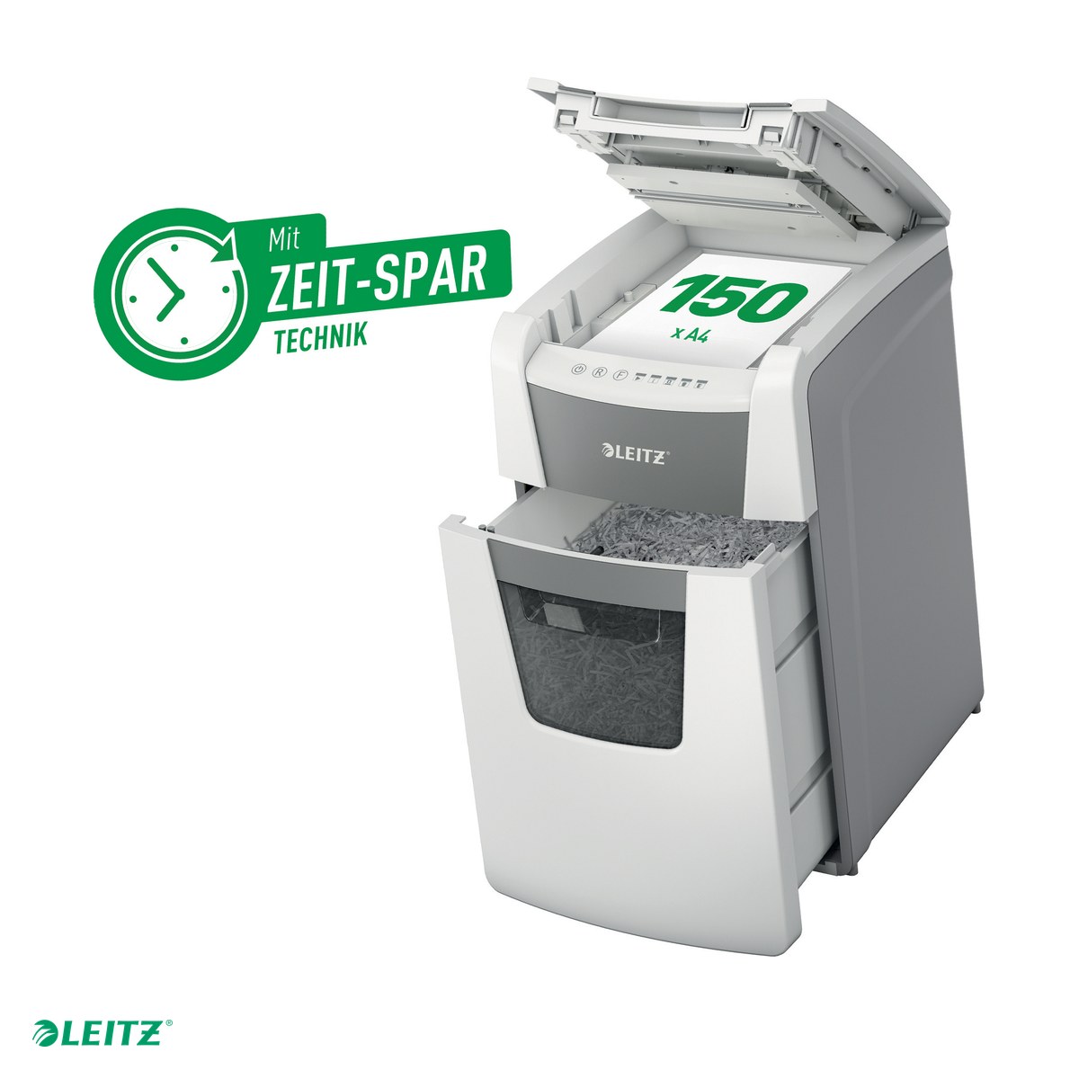 Distrugatoare documente si accesorii - Distrugator documente automat Leitz IQ Office, P4, cross-cut (confeti), taiere 150 coli, cos 44l, alb