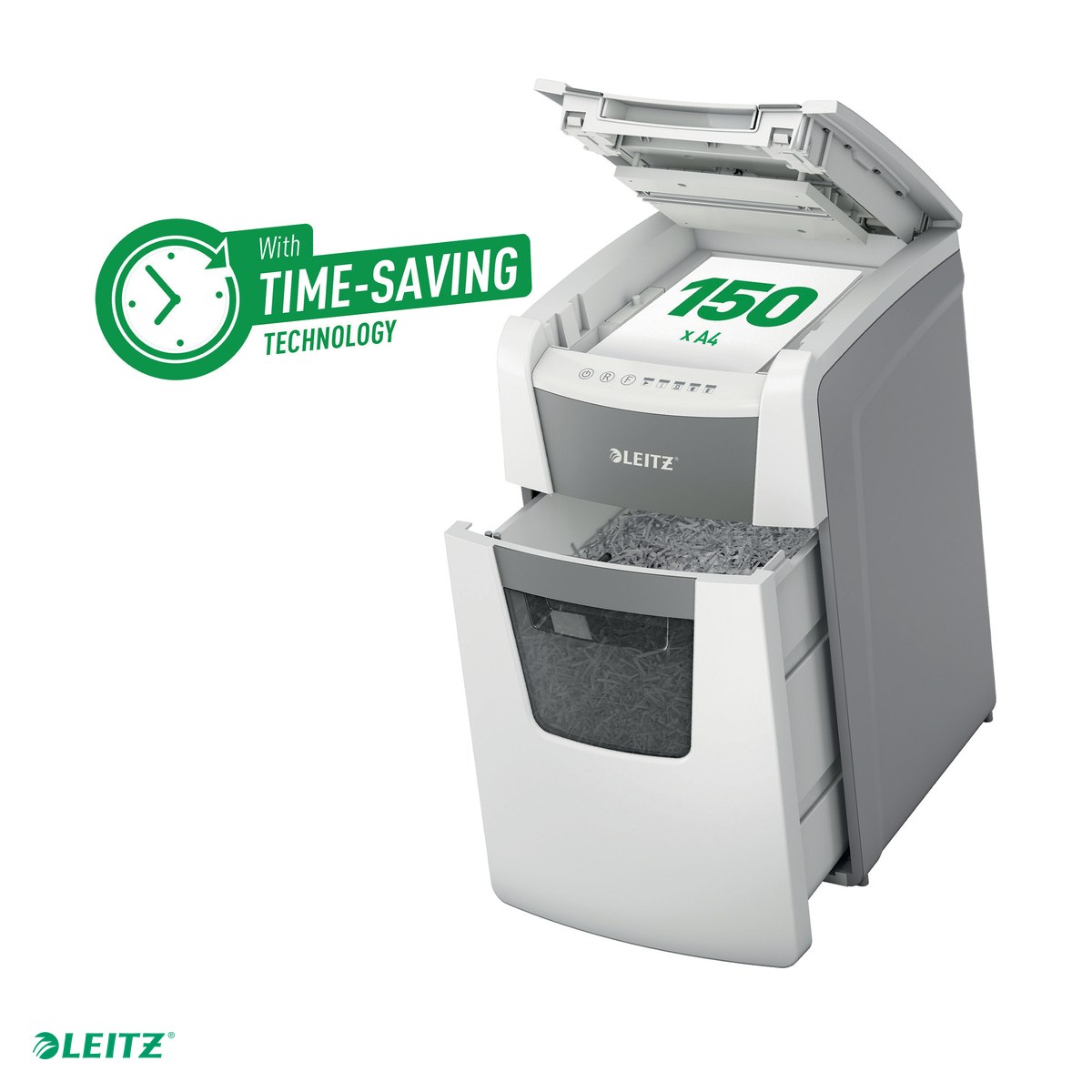 Distrugatoare documente si accesorii - Distrugator documente automat Leitz IQ Office, P5, micro-cut (particule), taiere 150 coli, cos 44l, alb