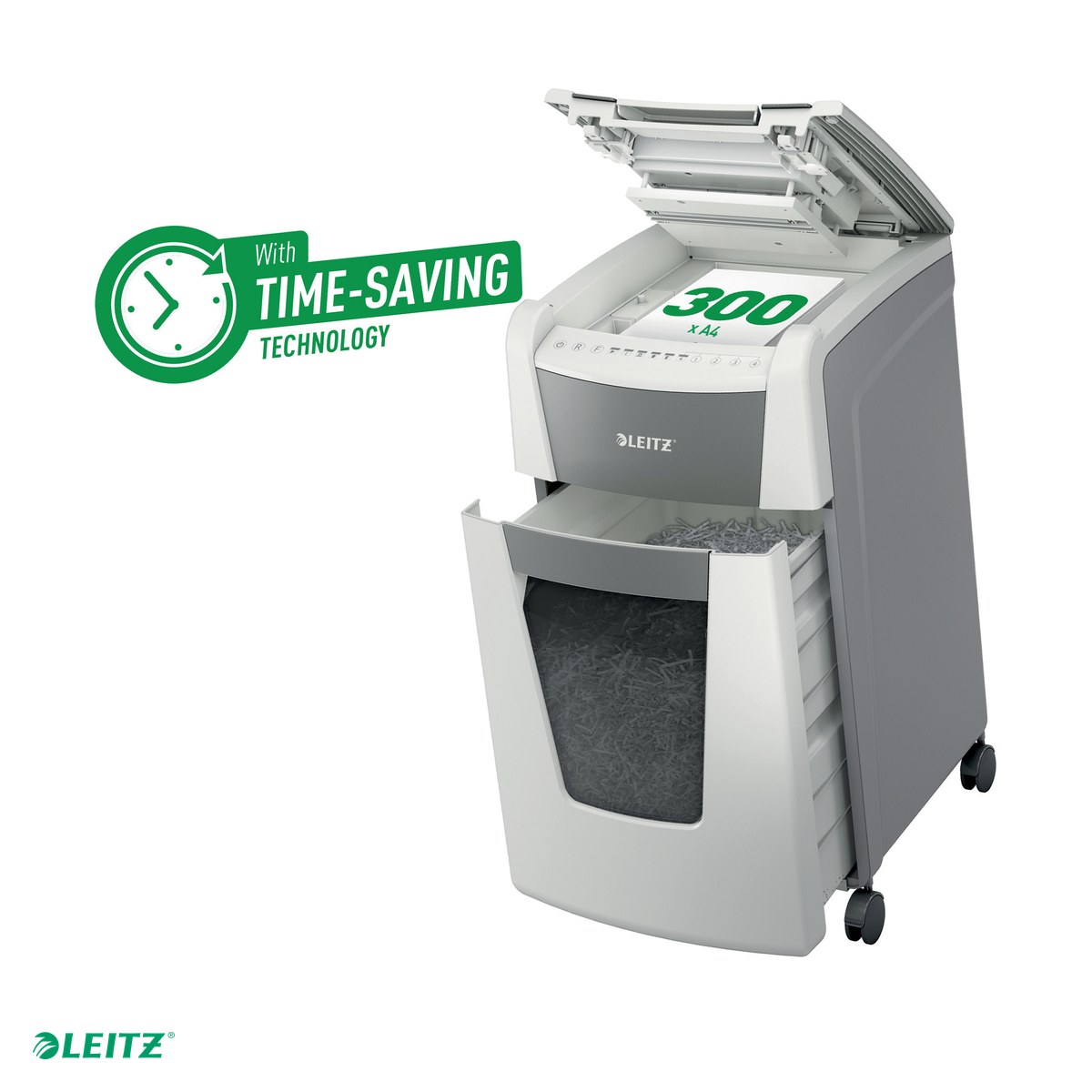 Distrugatoare documente si accesorii - Distrugator documente automat Leitz IQ Office, P4, cross-cut (confeti), taiere 300 coli, cos 60l, alb