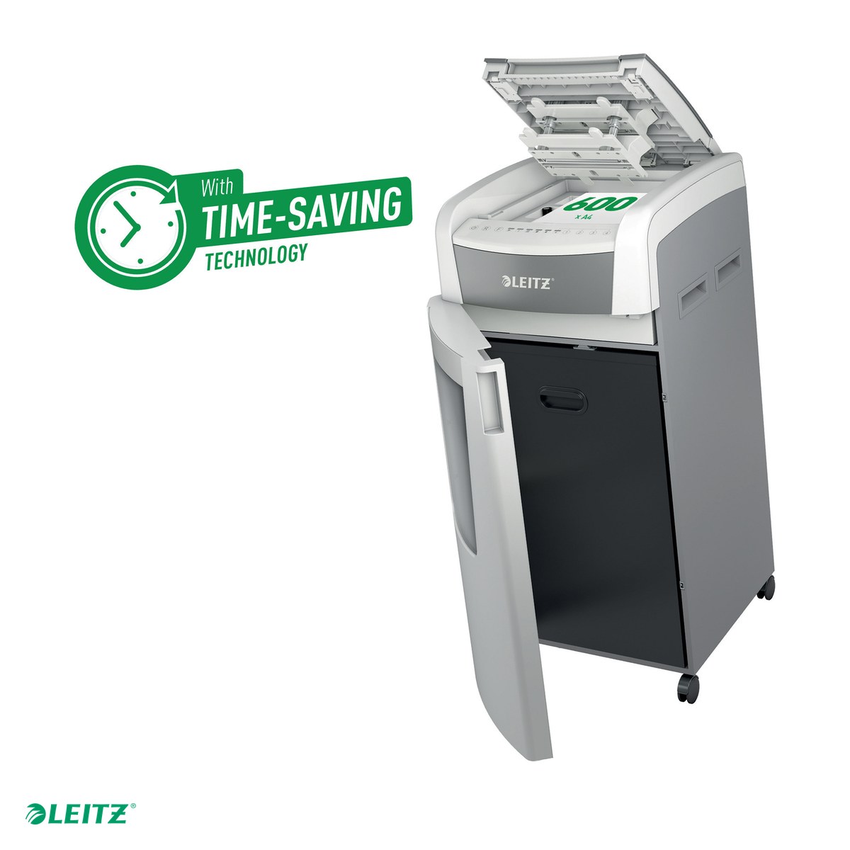 Distrugatoare documente si accesorii - Distrugator documente automat Leitz IQ Office, P5, micro-cut (particule), taiere 600 coli, cos 110l, alb