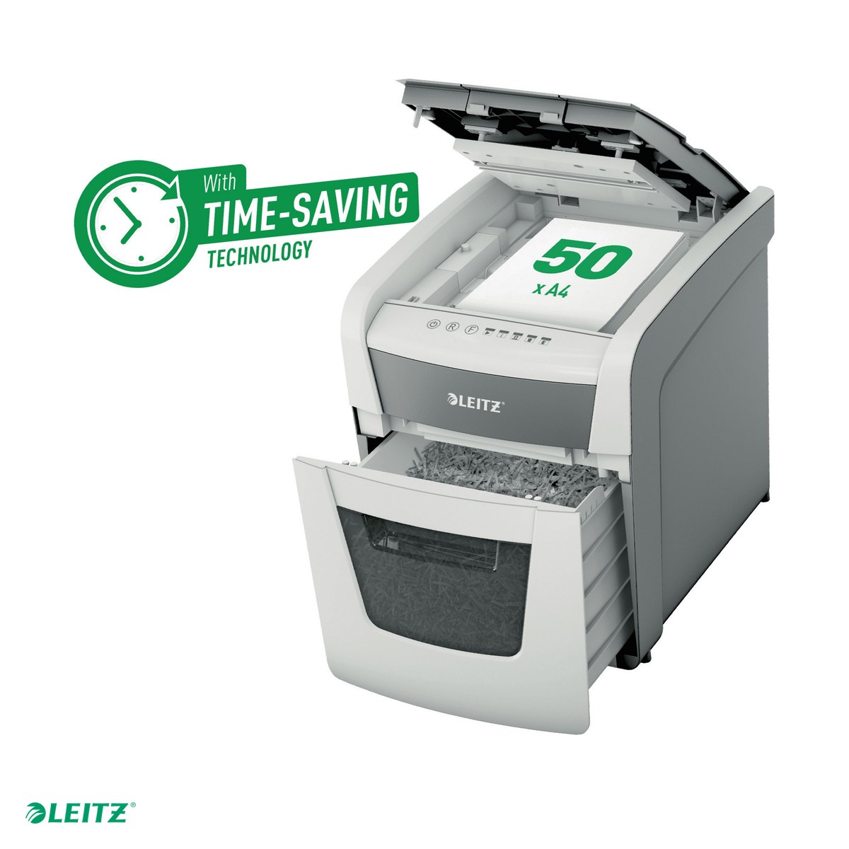 Distrugatoare documente si accesorii - Distrugator documente automat Leitz IQ Small Office, P4, cross-cut (confeti), taiere 50 coli, cos 20l, alb