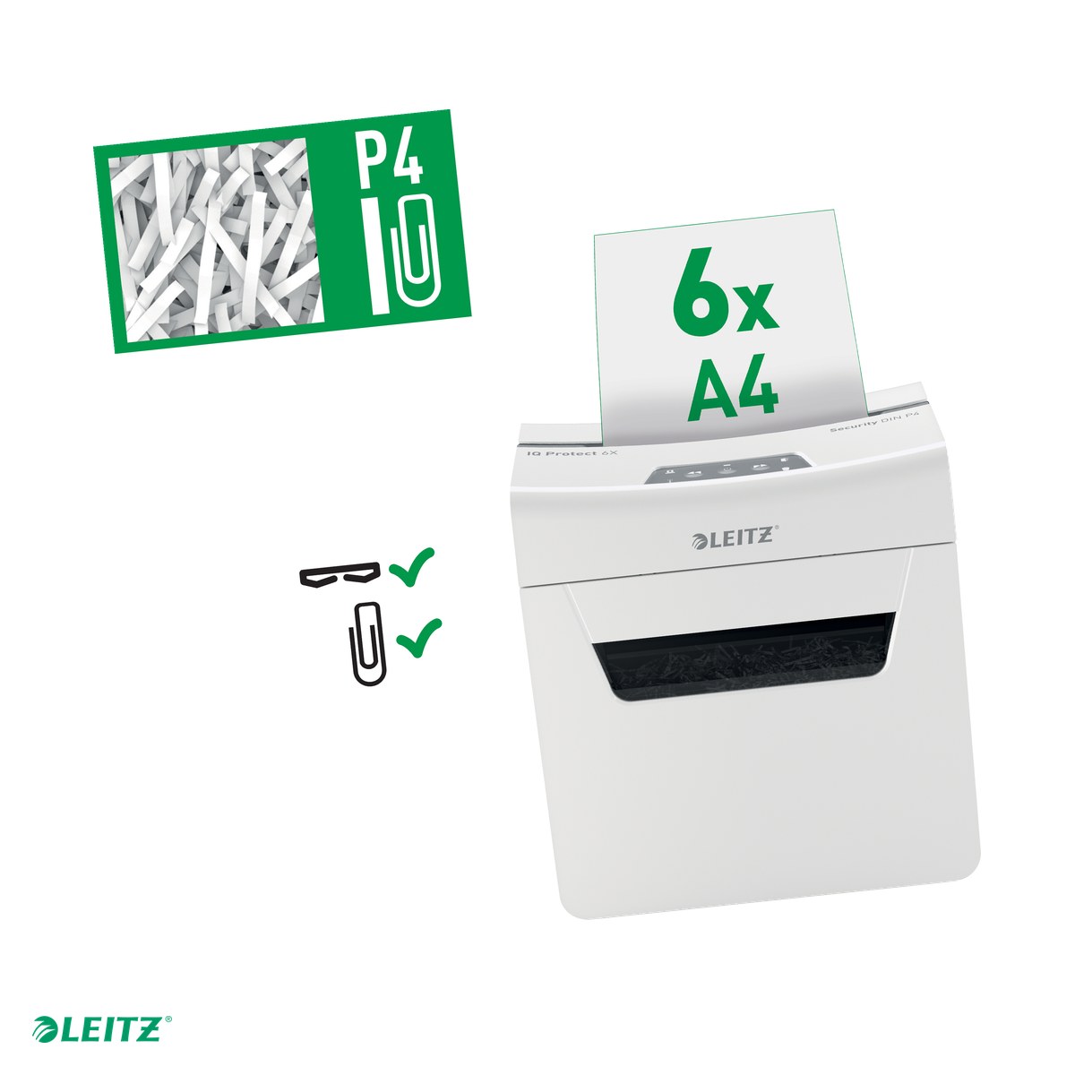 Distrugatoare documente si accesorii - Distrugator documente manual Leitz IQ Protect 6X, P4, cross-cut (confeti), taiere 6 coli, cos 10l, alb