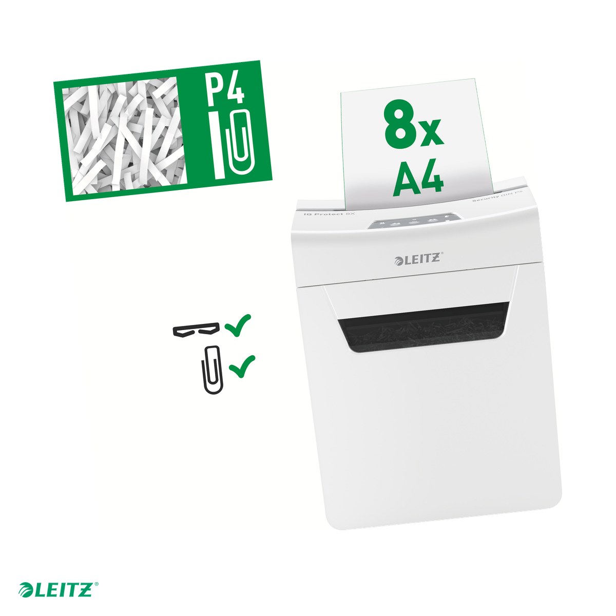 Distrugatoare documente si accesorii - Distrugator documente manual Leitz IQ Protect 8X, P4, cross-cut (confeti), taiere 8 coli, cos 14l, alb