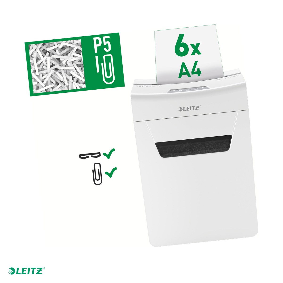 Tehnica de birou - Distrugator documente manual Leitz IQ Protect 6M, P5, micro-cut (particule), taiere 6 coli, cos 18l, alb