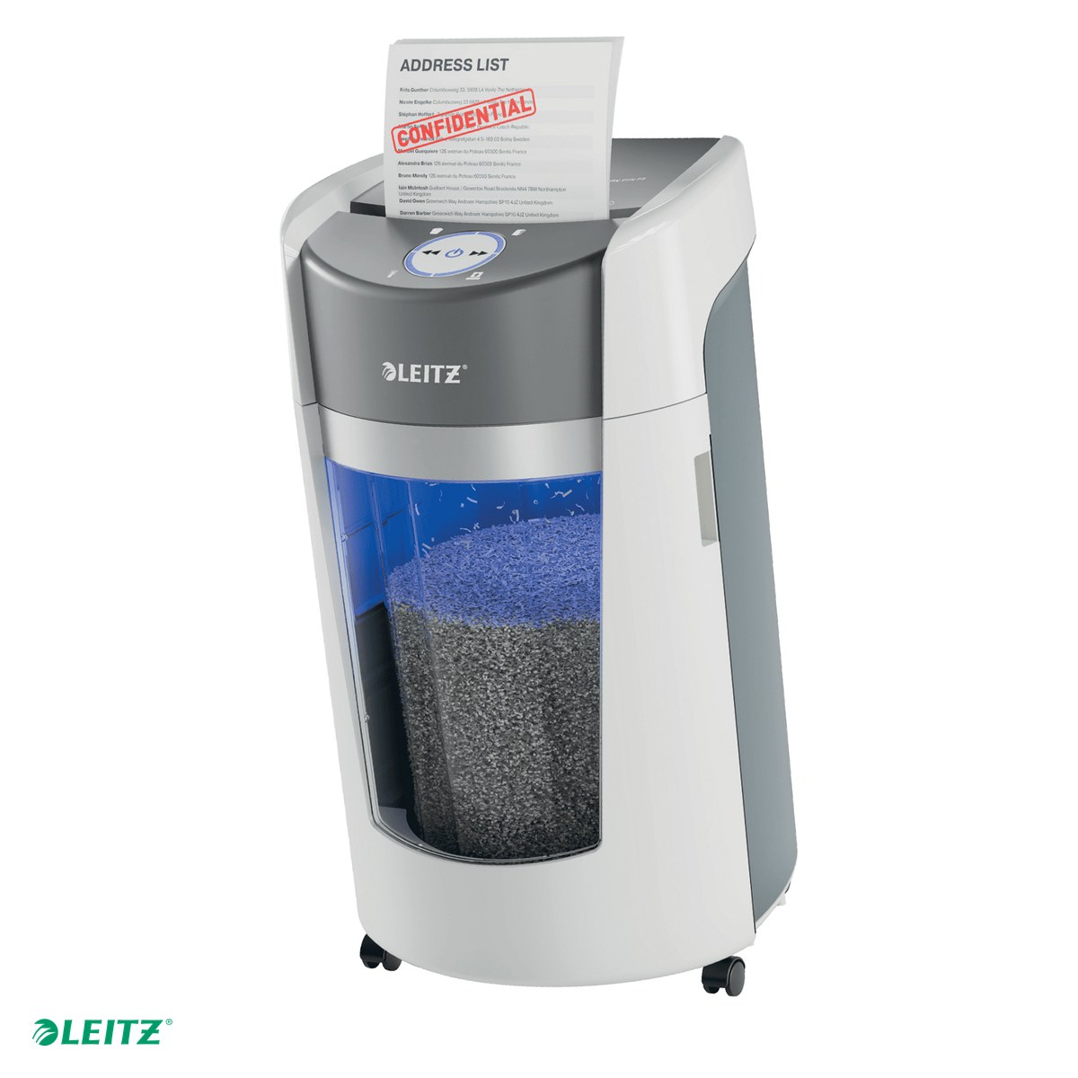 Tehnica de birou - Distrugator documente manual Leitz OptiMax, P5, micro-cut (particule), taiere 10 coli, cos 35l, alb-gri
