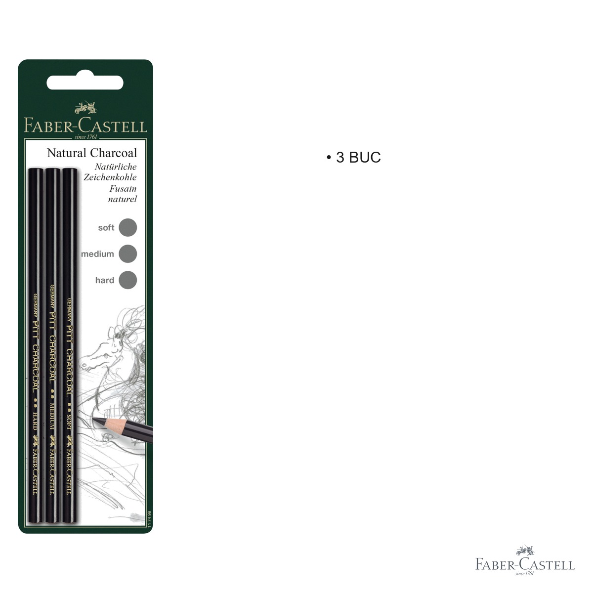 Set 3 creioane carbune natural Faber-Castell Pitt Monochrome, tarii S/M/H, pentru desen artistic [2]