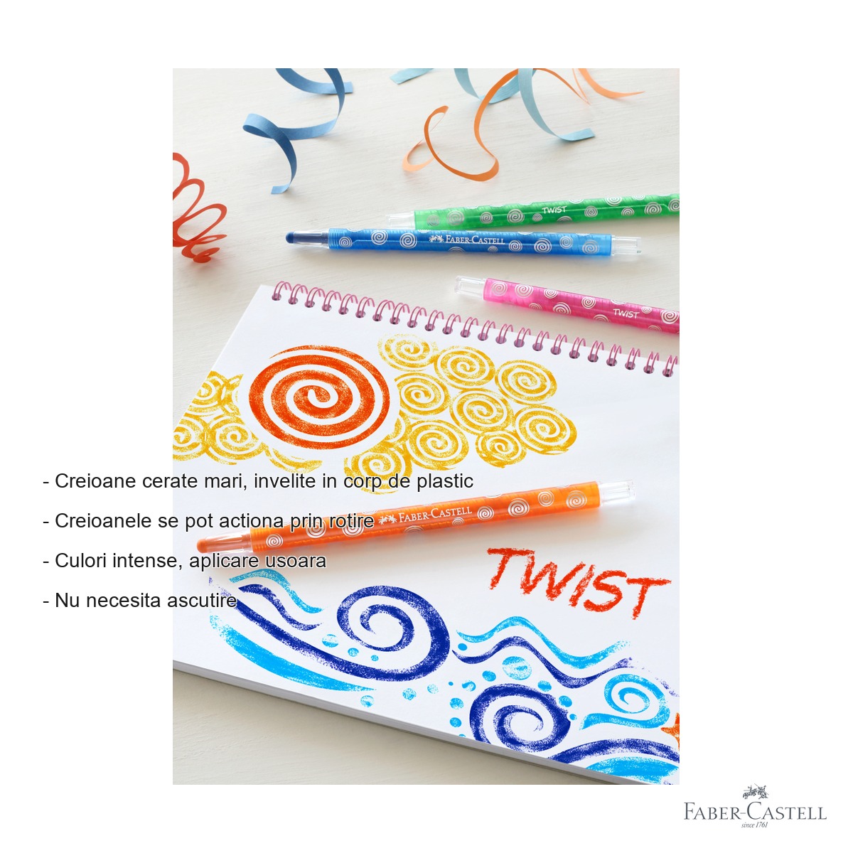 Set 12 creioane cerate retractabile Faber-Castell, corp din plastic, culori intense, pentru desen si colorat [1]