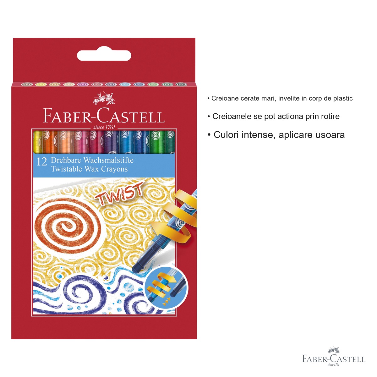 Set 12 creioane cerate retractabile Faber-Castell, corp din plastic, culori intense, pentru desen si colorat [2]