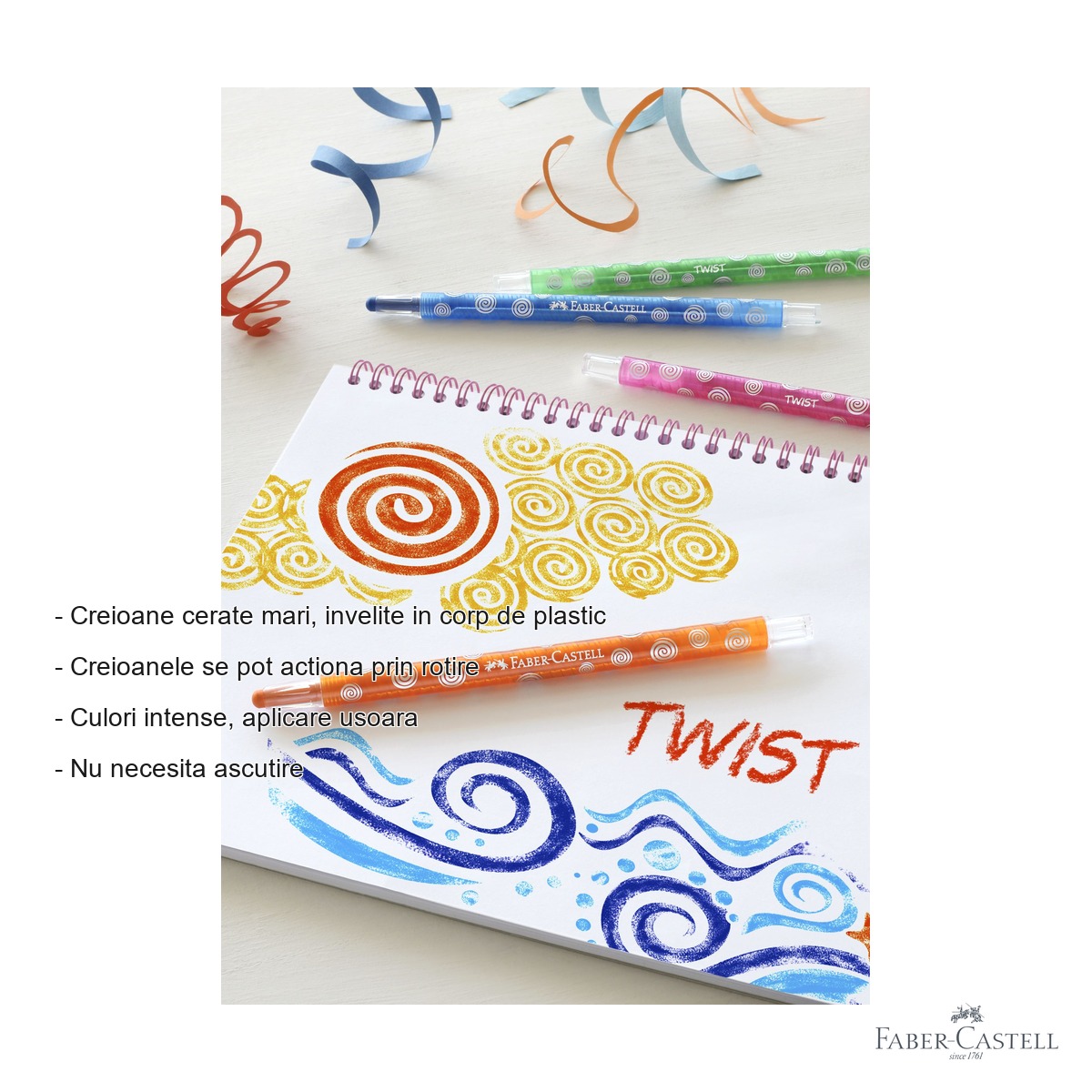 Set 24 creioane cerate retractabile Faber-Castell, culori intense, fara ascutire, pentru copii [1]