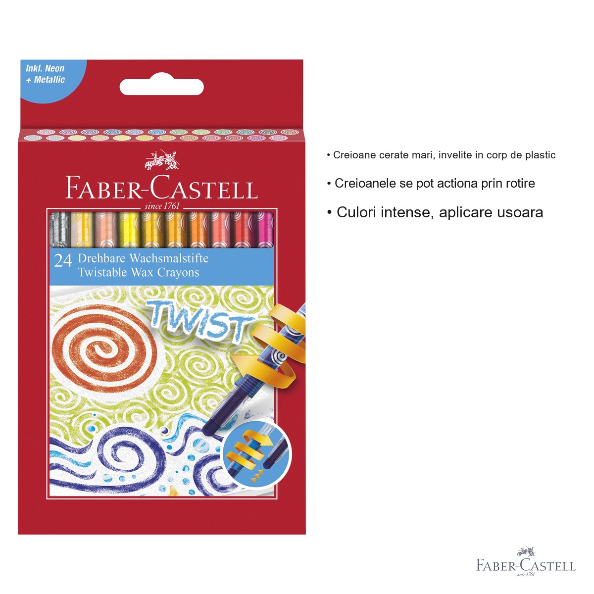 Set 24 creioane cerate retractabile Faber-Castell, culori intense, fara ascutire, pentru copii [2]