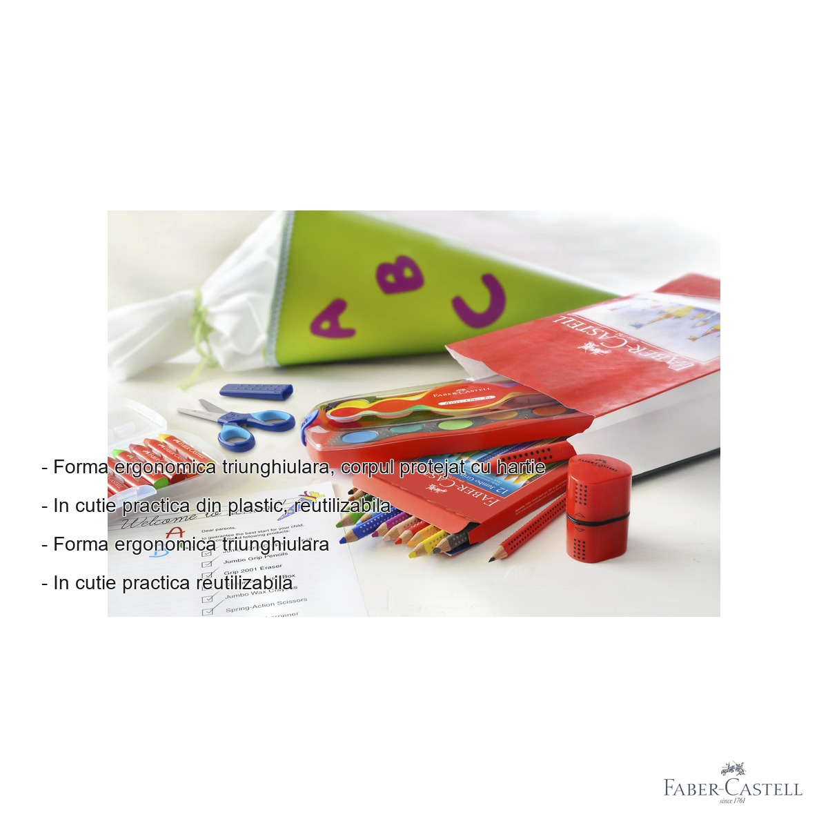 Set 12 creioane cerate Jumbo Faber-Castell, forma ergonomica triunghiulara, pentru copii [1]