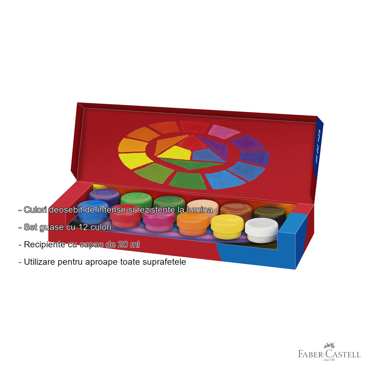 Set guase 12 culori Faber-Castell, 20 ml, culori vibrante si opace, pentru copii si tineri artisti [1]