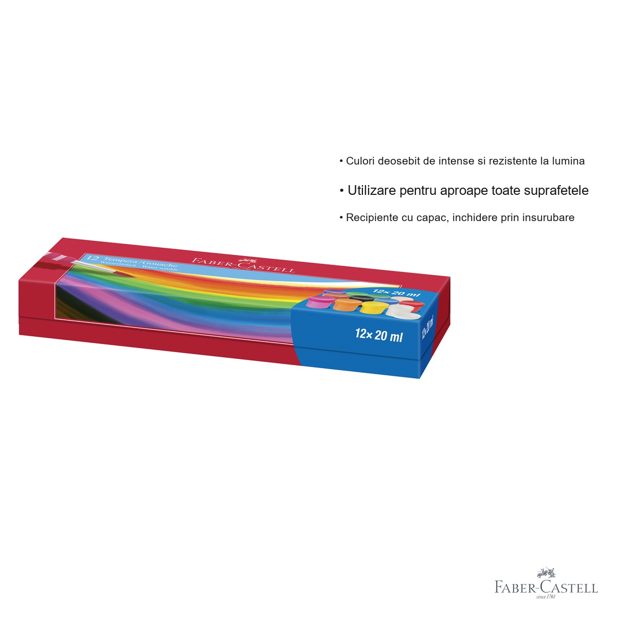 Set guase 12 culori Faber-Castell, 20 ml, culori vibrante si opace, pentru copii si tineri artisti [2]