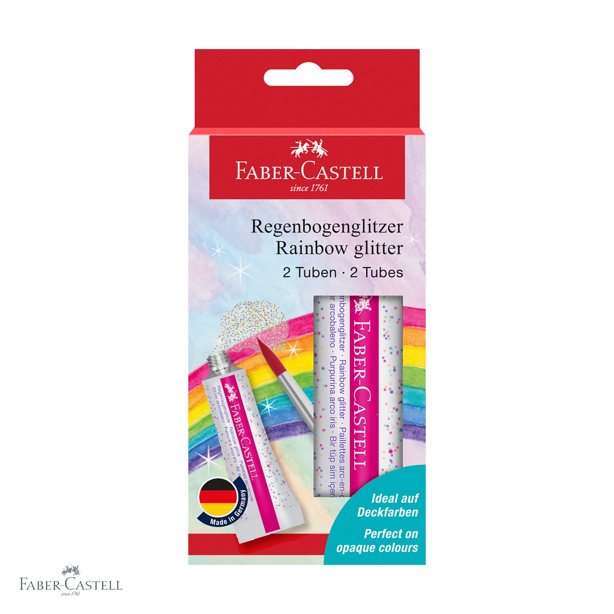 Tempera - Set sclipici curcubeu Faber-Castell Glitter Rainbow, 2 tuburi x 12 ml, pentru pictura si activitati creative