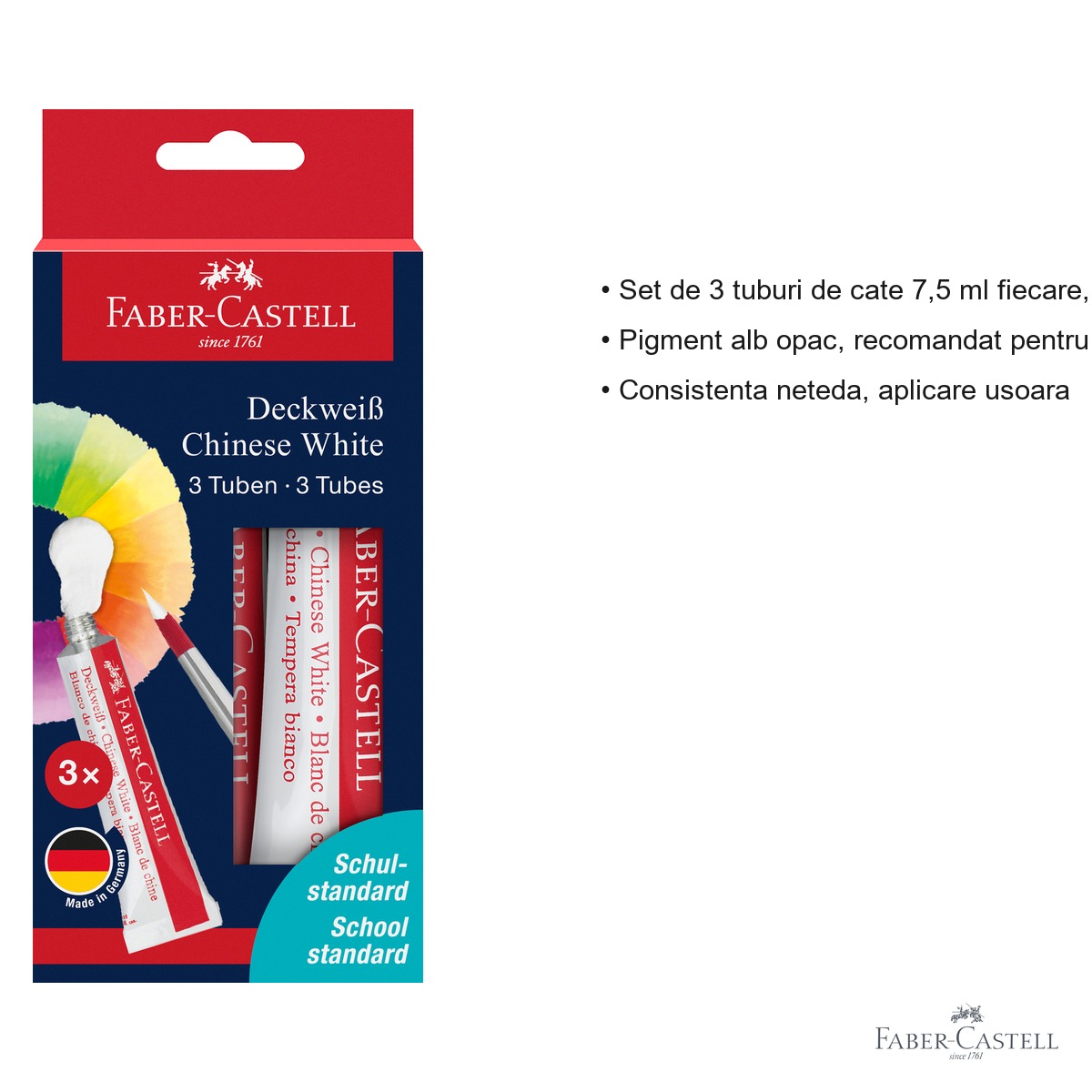 Set 3 tuburi tempera alba Faber-Castell, 7,5 ml, pigment opac, pentru desen si amestec culori [2]