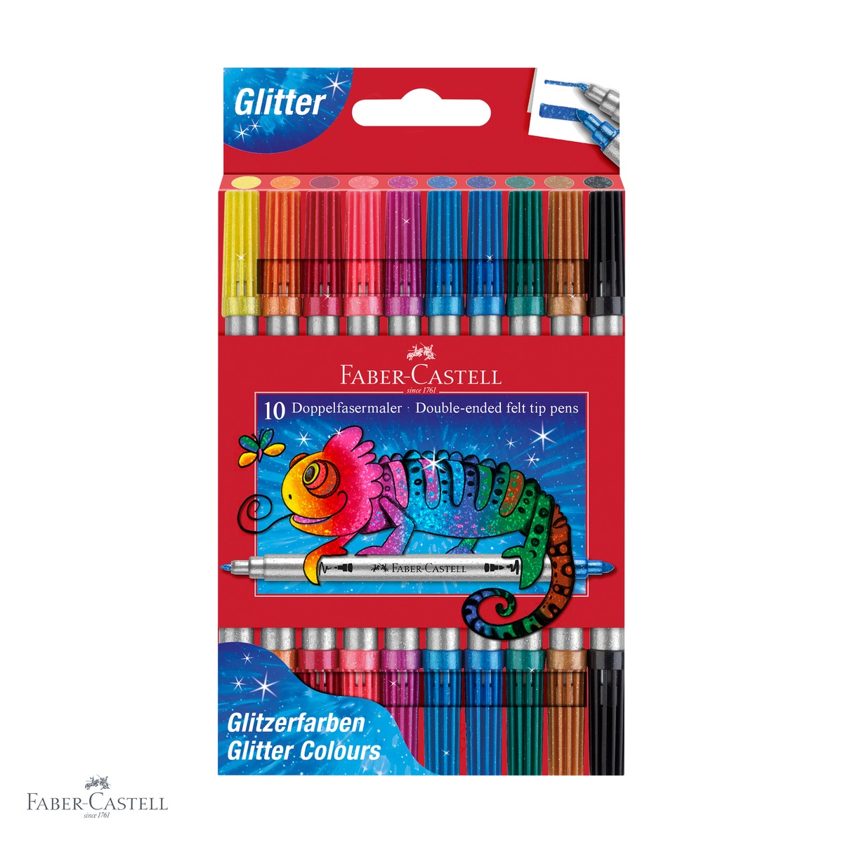Carioci - Set 10 carioci cu 2 capete si efect glitter Faber-Castell, varf subtire si gros, pentru copii si adulti