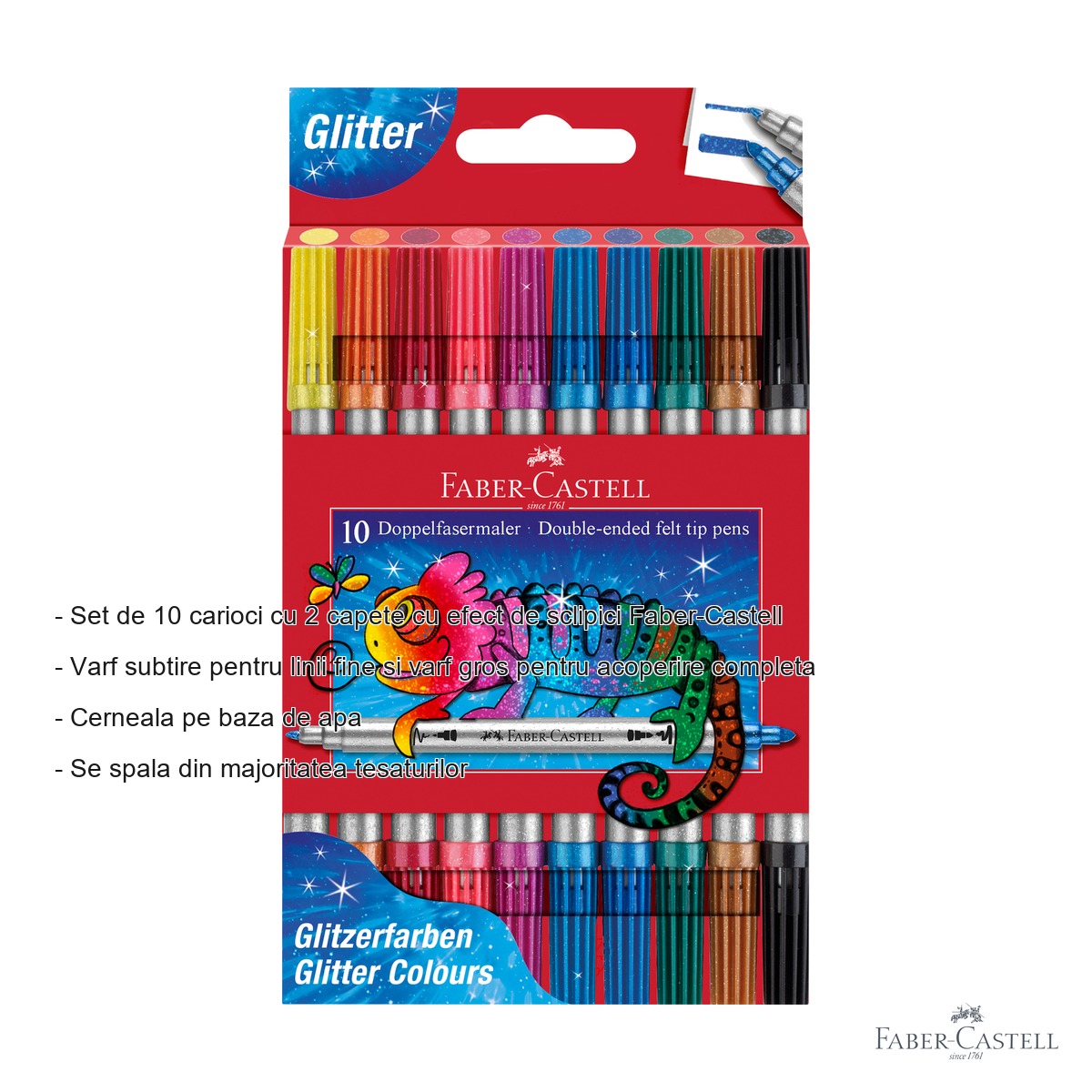 Set 10 carioci cu 2 capete si efect glitter Faber-Castell, varf subtire si gros, pentru copii si adulti [1]