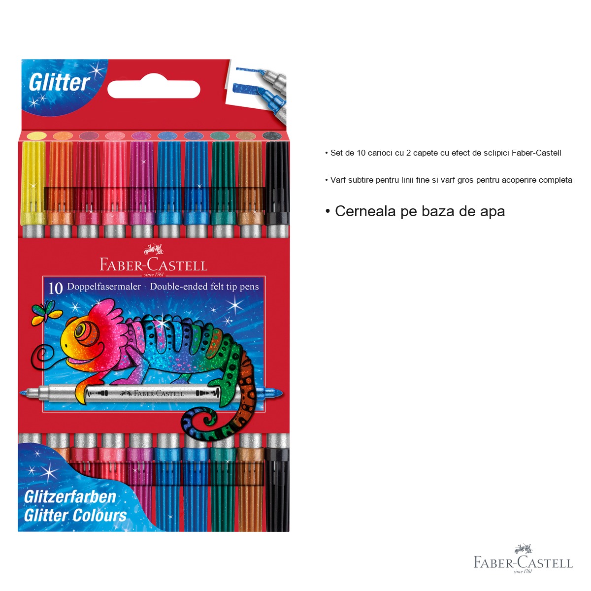 Set 10 carioci cu 2 capete si efect glitter Faber-Castell, varf subtire si gros, pentru copii si adulti [2]