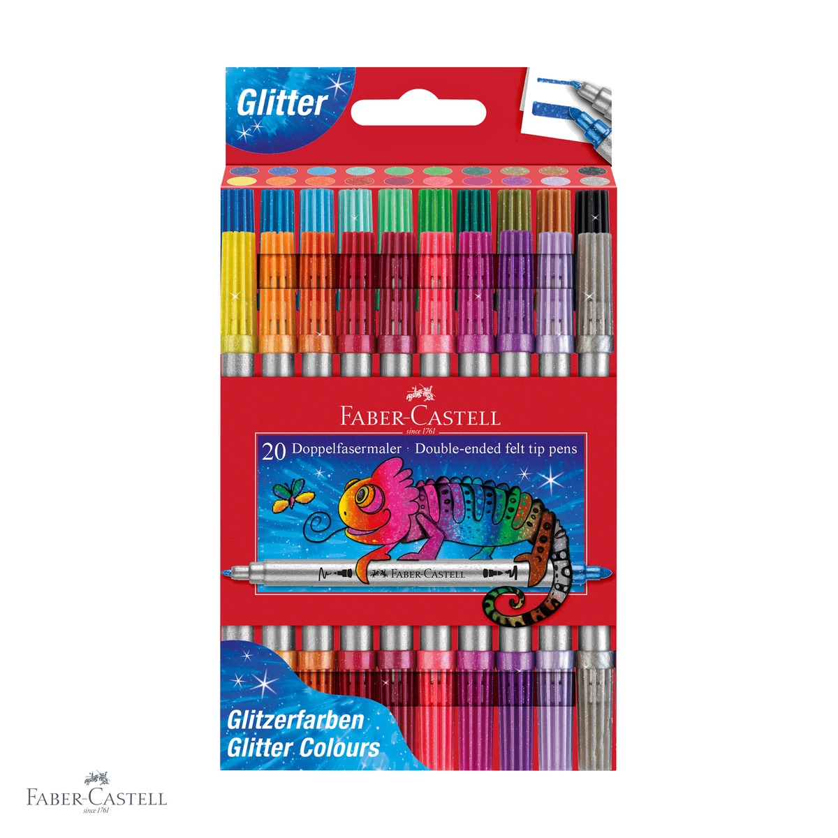 Carioci - Set 20 carioci cu 2 capete Faber-Castell, efect glitter, cerneala pe baza de apa, pentru copii