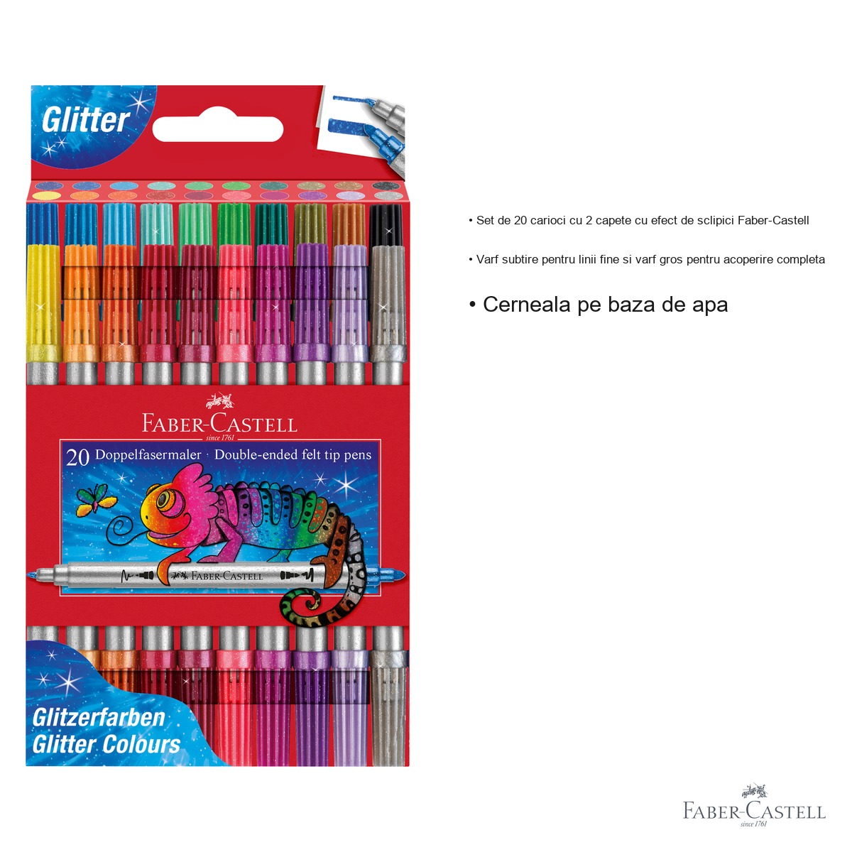 Set 20 carioci cu 2 capete Faber-Castell, efect glitter, cerneala pe baza de apa, pentru copii [2]