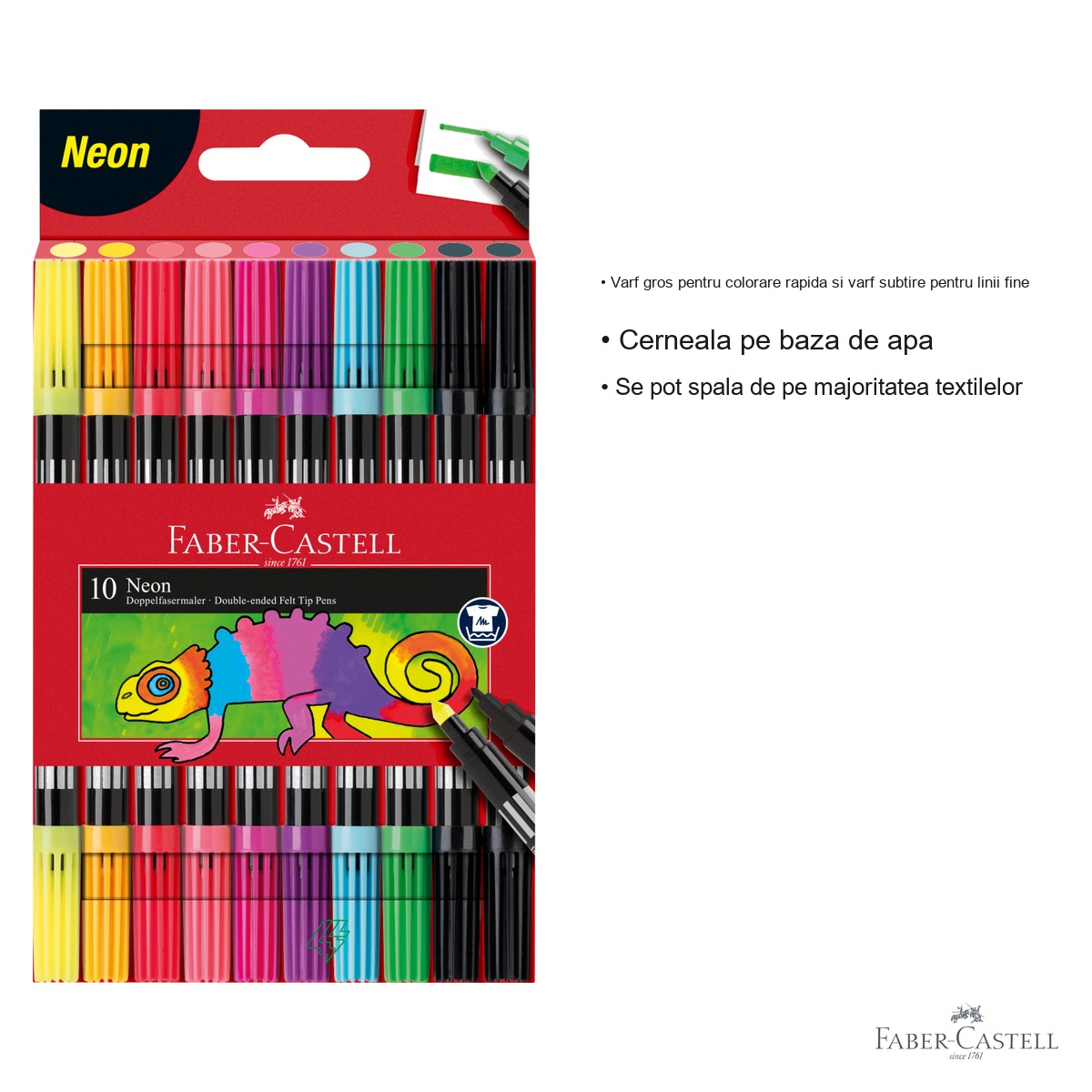 Set carioci Faber-Castell cu 2 capete, 10 culori neon, varf gros si subtire, pentru copii si scoala [2]