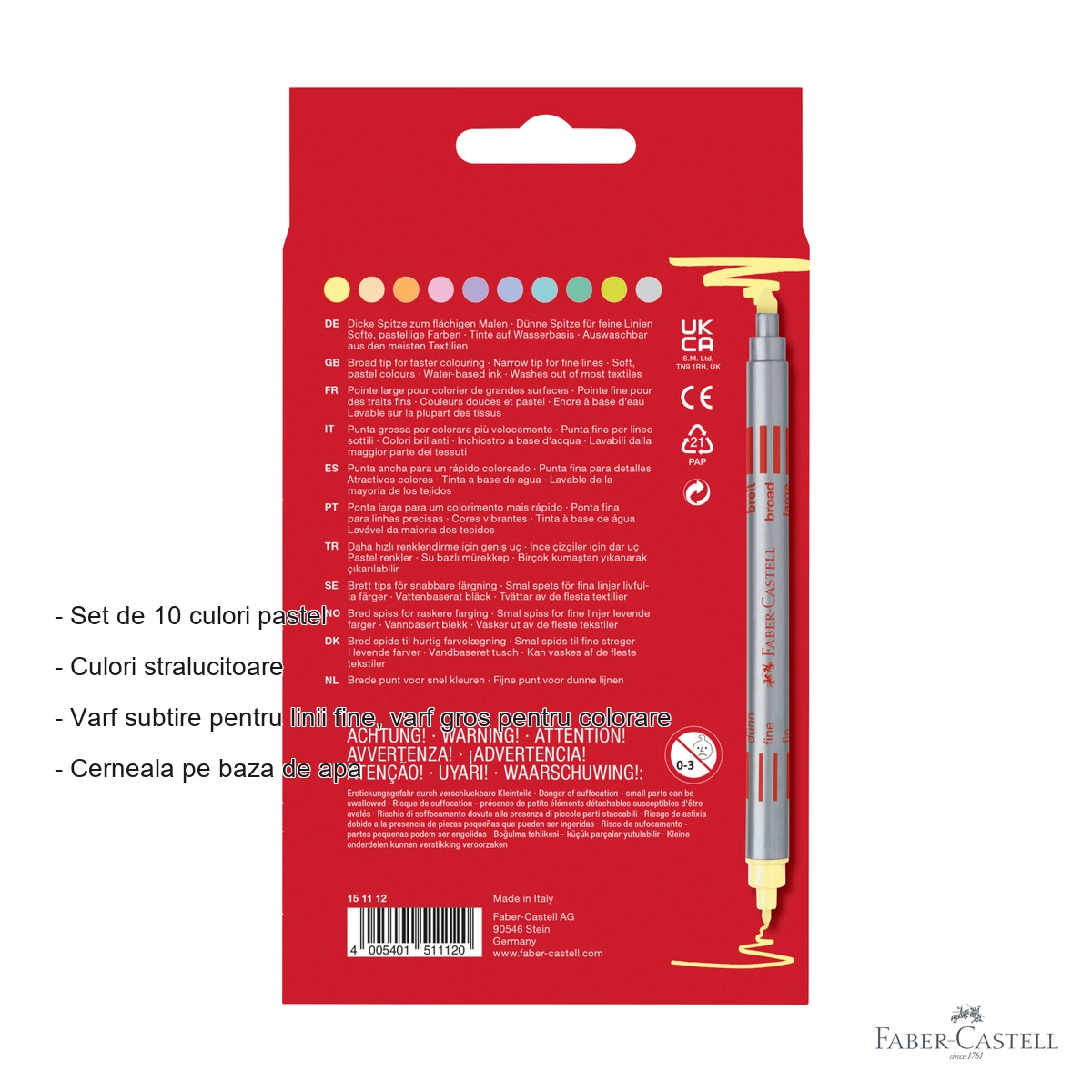 Set 10 carioci pastel cu 2 capete Faber-Castell, cerneala pe baza de apa, pentru colorat si desen [1]