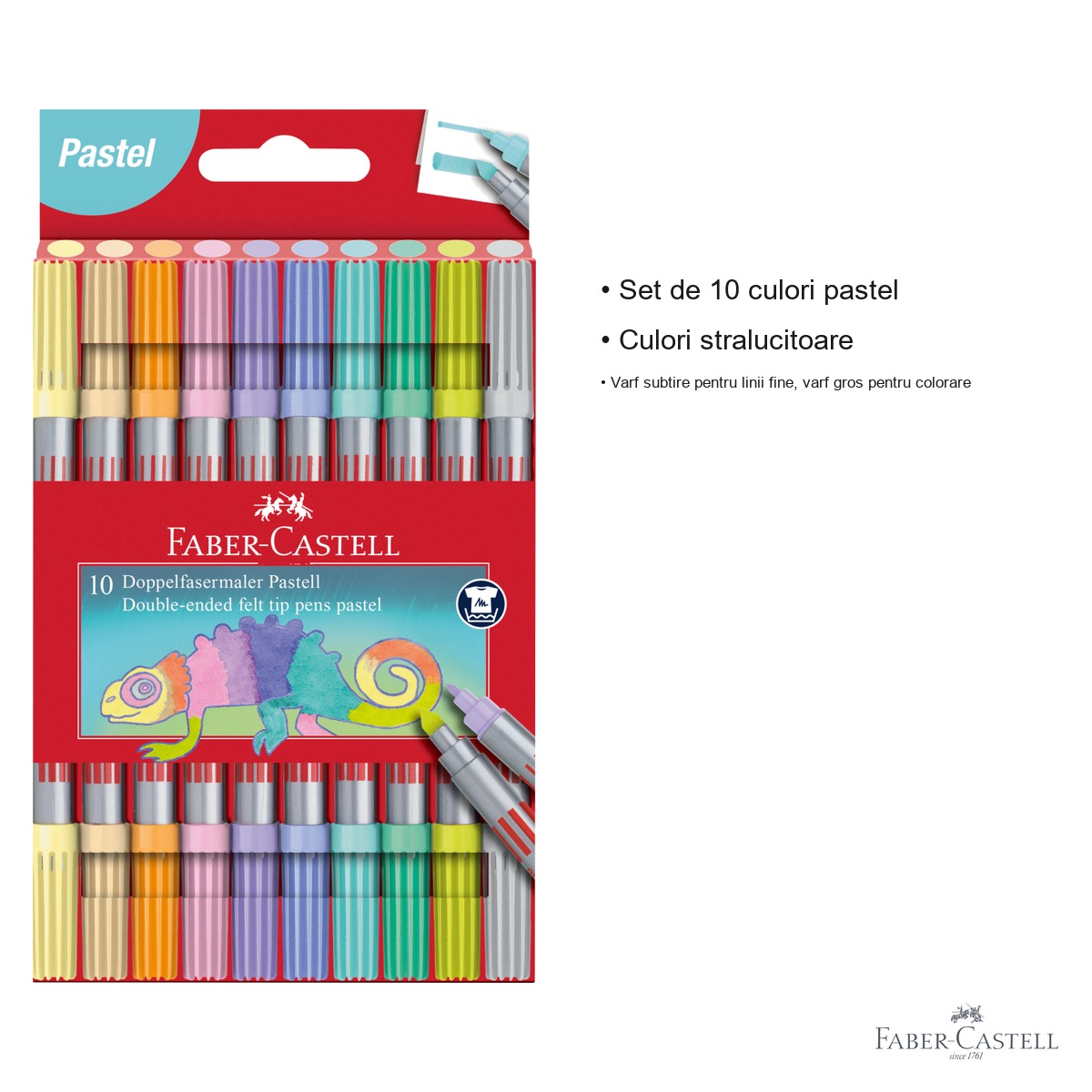 Set 10 carioci pastel cu 2 capete Faber-Castell, cerneala pe baza de apa, pentru colorat si desen [2]