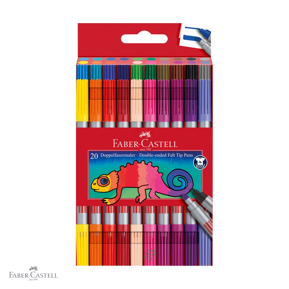 Carioci - Set 20 carioci cu 2 capete Faber-Castell, varf gros si subtire, cerneala pe baza de apa, pentru copii