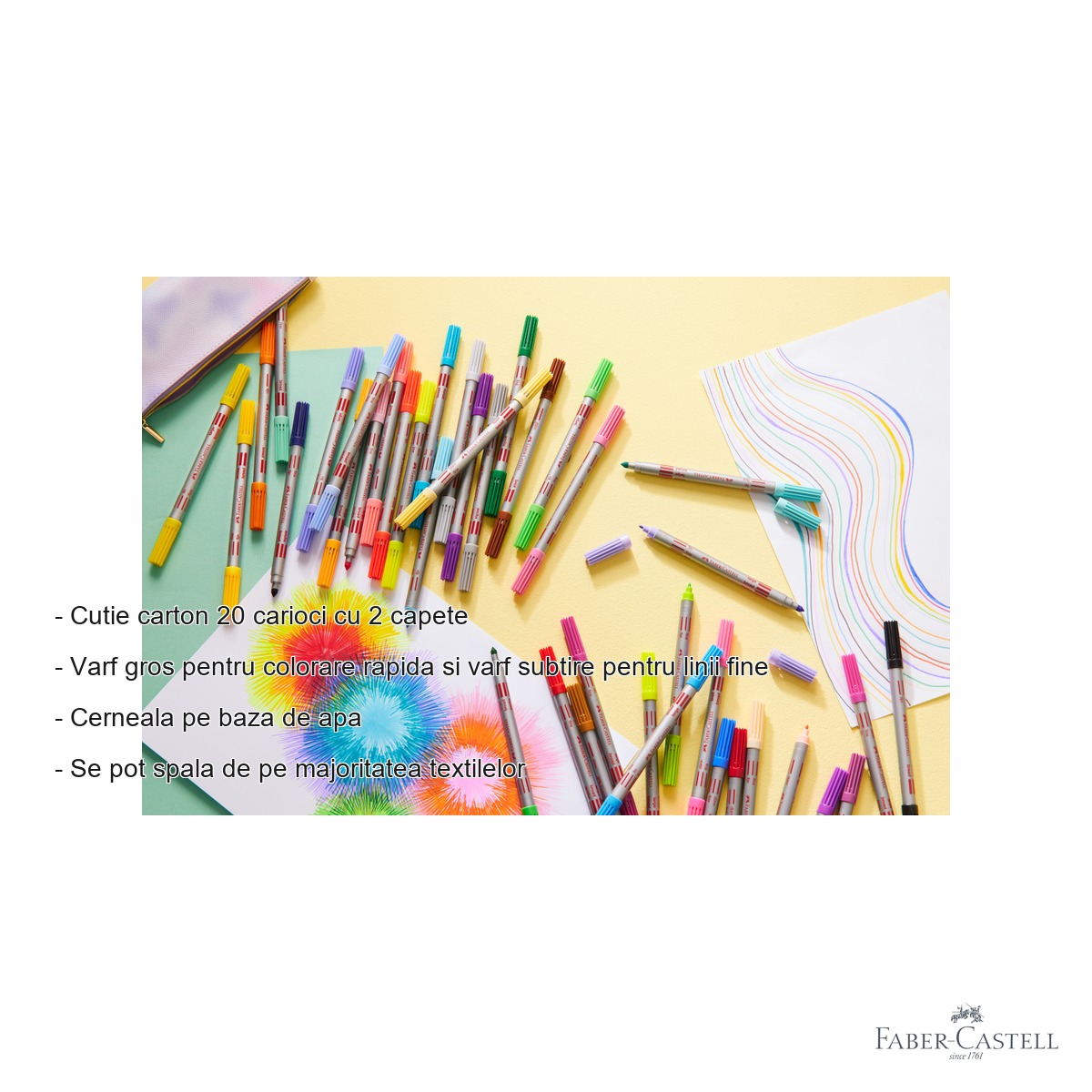 Set 20 carioci cu 2 capete Faber-Castell, varf gros si subtire, cerneala pe baza de apa, pentru copii [1]