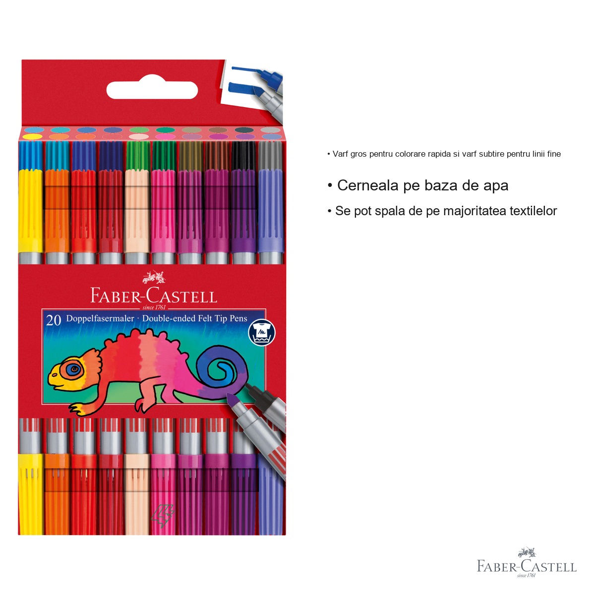 Set 20 carioci cu 2 capete Faber-Castell, varf gros si subtire, cerneala pe baza de apa, pentru copii [2]