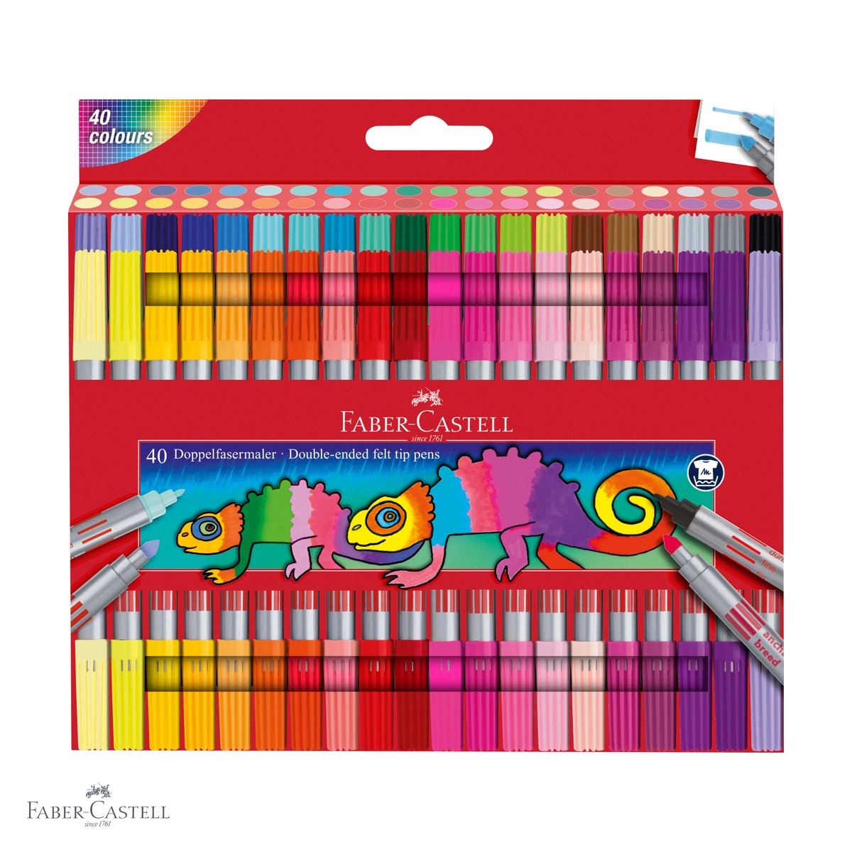 Carioci - Set carioci Faber-Castell, 40 culori, doua varfuri (subtire si gros), cerneala pe baza de apa, pentru copii si adulti