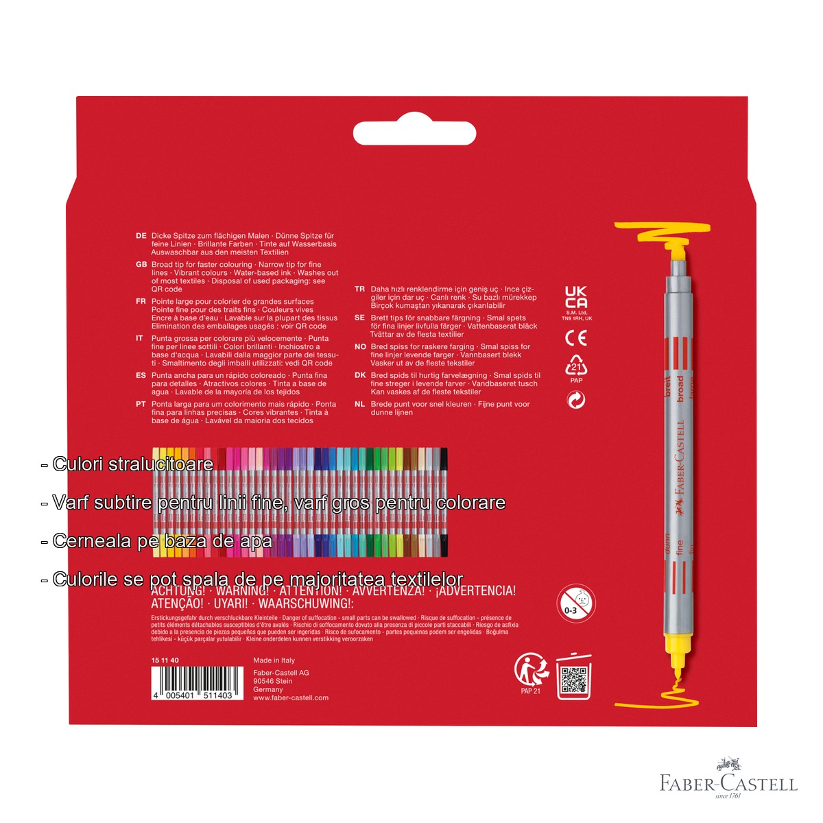 Set carioci Faber-Castell, 40 culori, doua varfuri (subtire si gros), cerneala pe baza de apa, pentru copii si adulti [1]