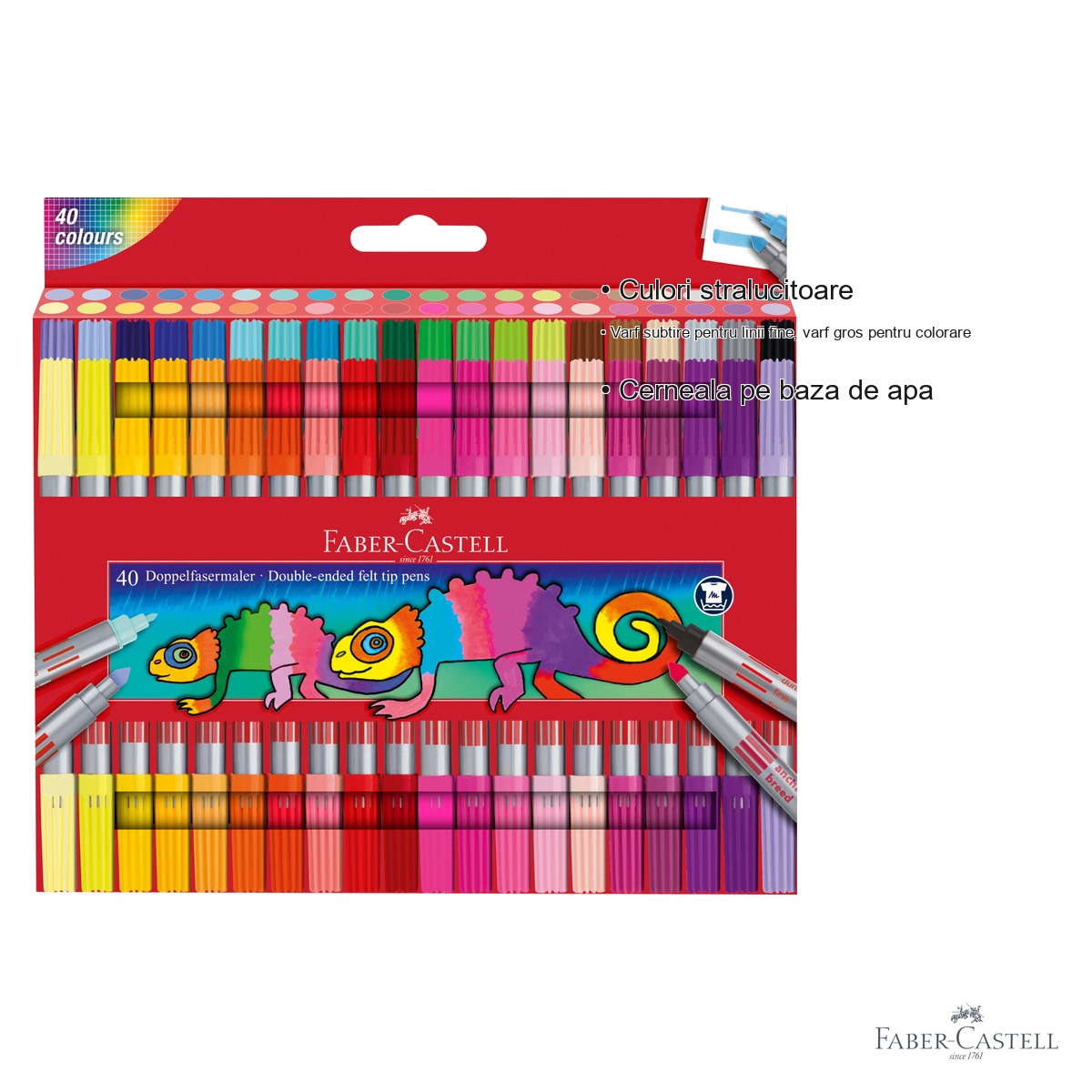 Set carioci Faber-Castell, 40 culori, doua varfuri (subtire si gros), cerneala pe baza de apa, pentru copii si adulti [2]