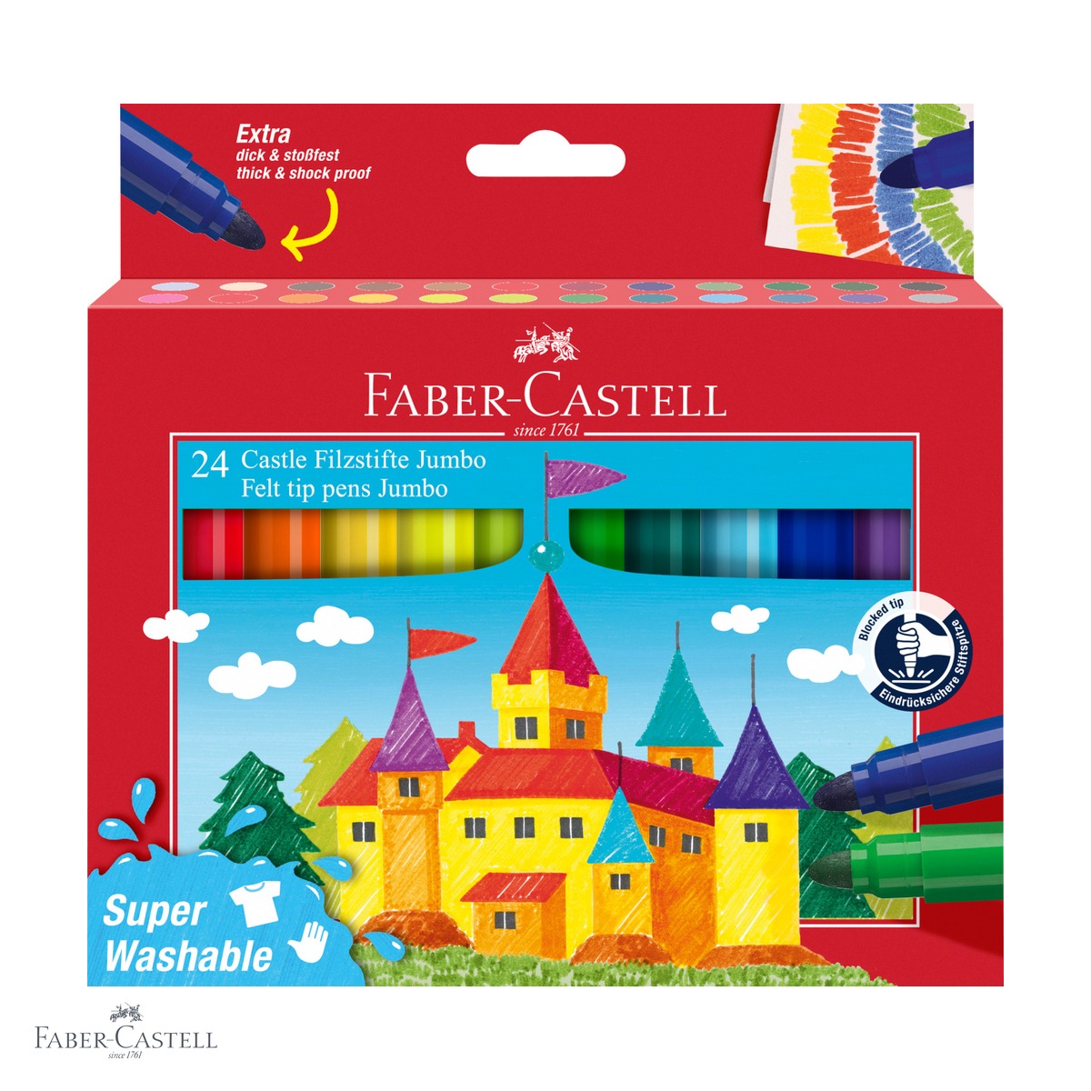 Carioci - Set 24 carioci Jumbo Faber-Castell Superwashable, cerneala lavabila, pentru desen si colorare