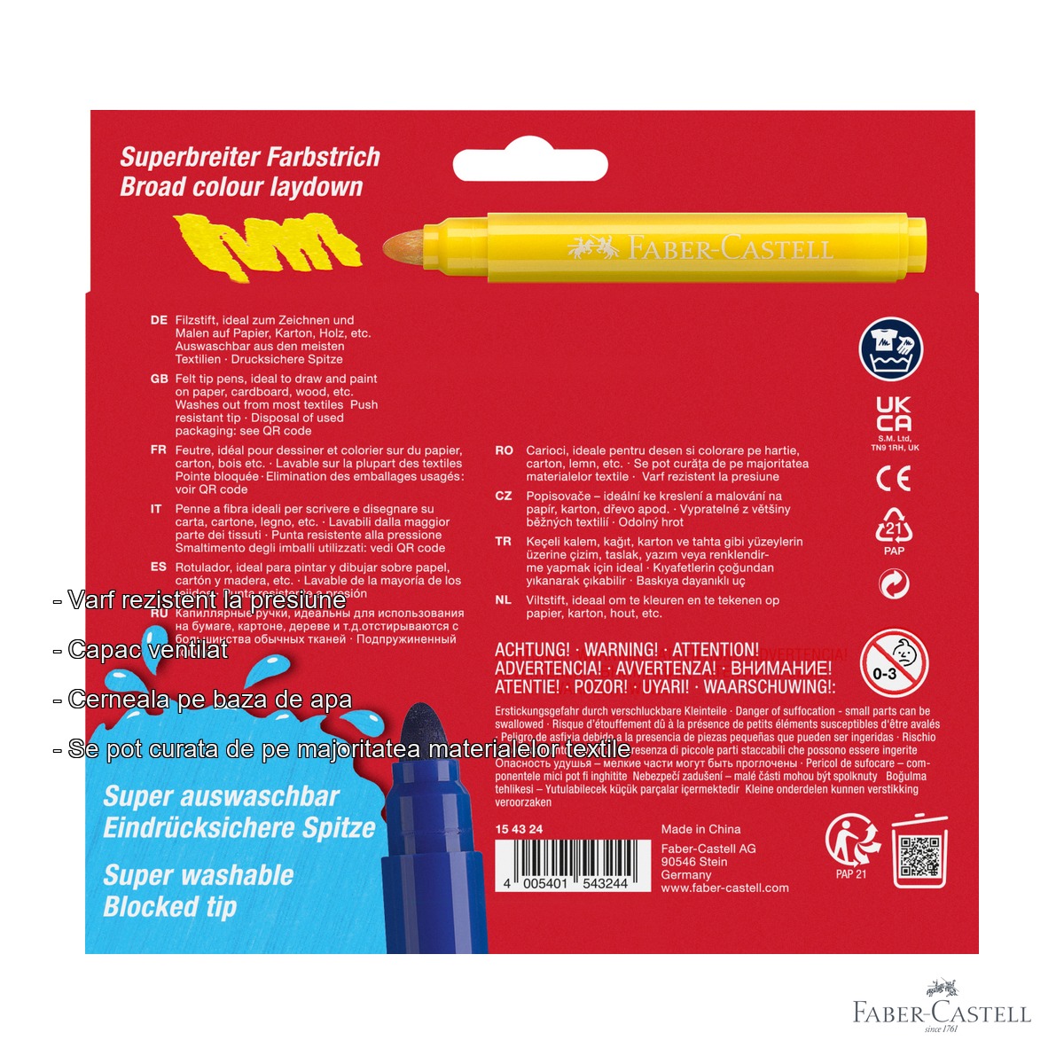 Set 24 carioci Jumbo Faber-Castell Superwashable, cerneala lavabila, pentru desen si colorare [1]