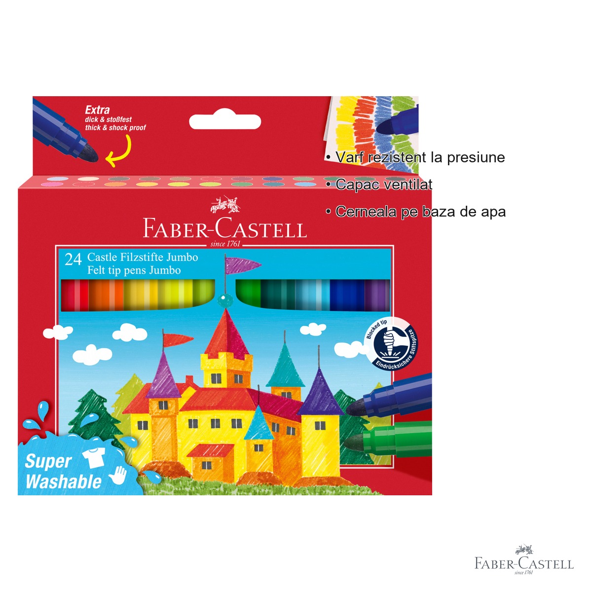 Set 24 carioci Jumbo Faber-Castell Superwashable, cerneala lavabila, pentru desen si colorare [2]