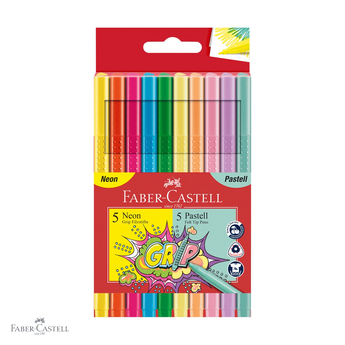 Carioci - Set 10 carioci pastel si neon Faber-Castell Grip, forma ergonomica triunghiulara, pentru copii si scolari