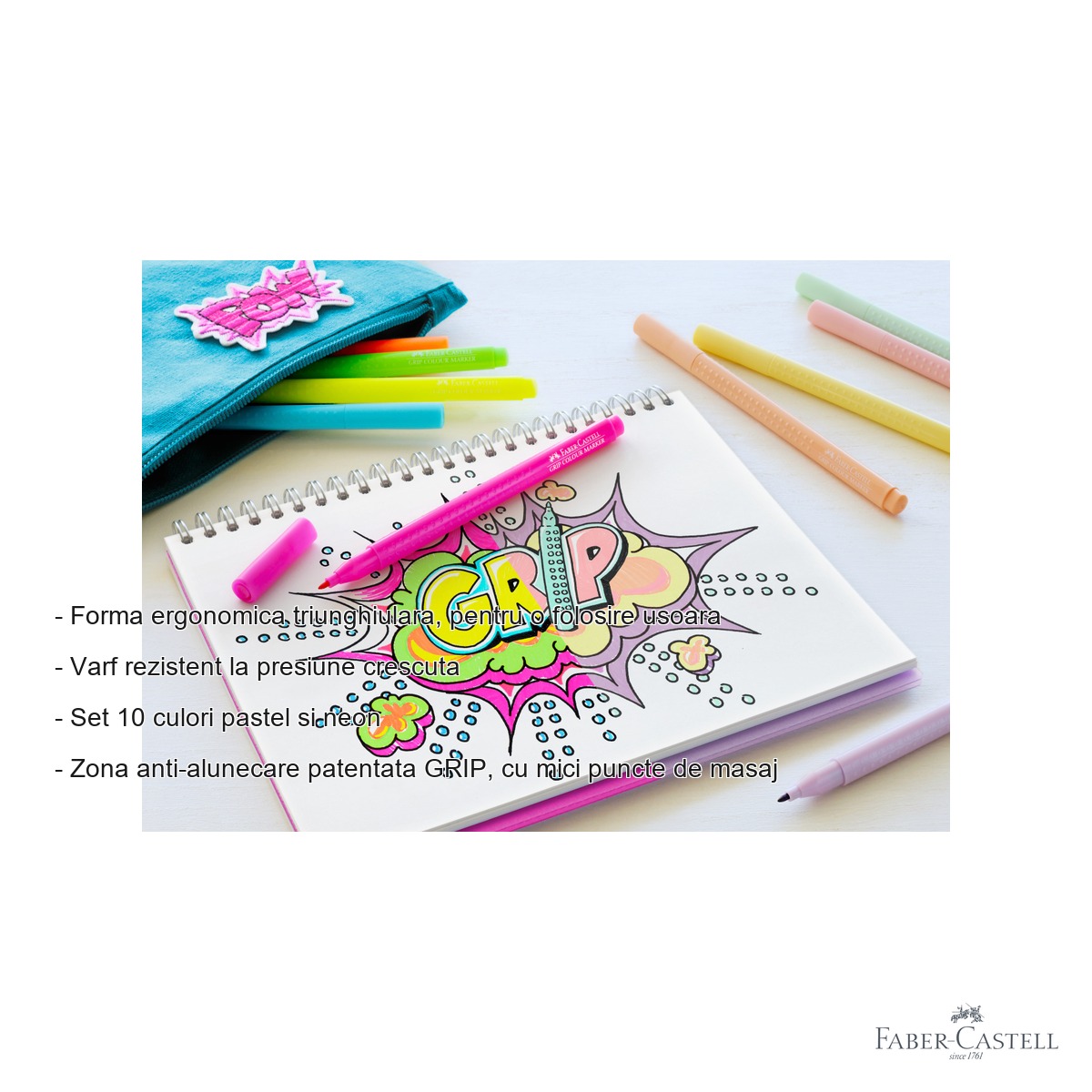 Set 10 carioci pastel si neon Faber-Castell Grip, forma ergonomica triunghiulara, pentru copii si scolari [1]