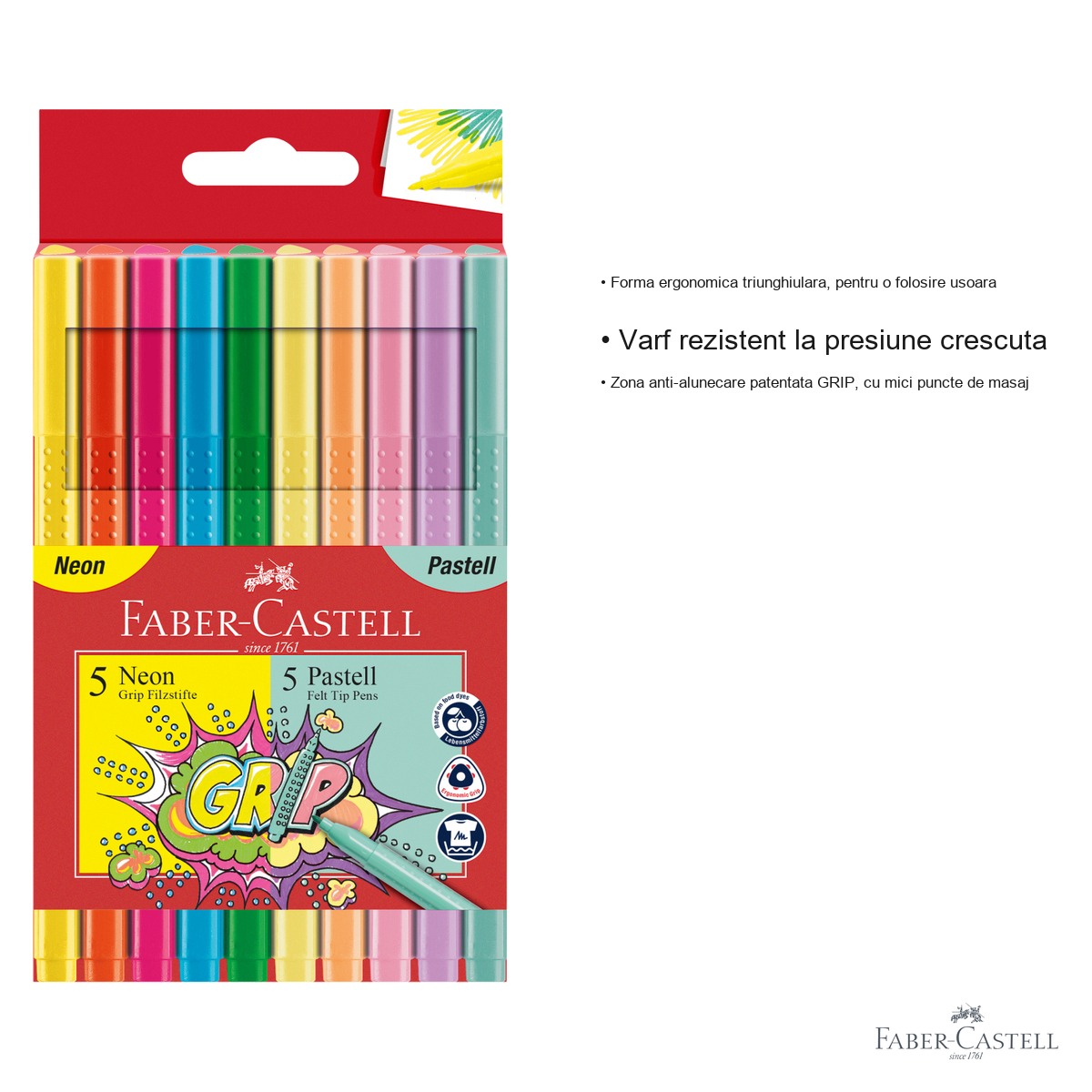 Set 10 carioci pastel si neon Faber-Castell Grip, forma ergonomica triunghiulara, pentru copii si scolari [2]