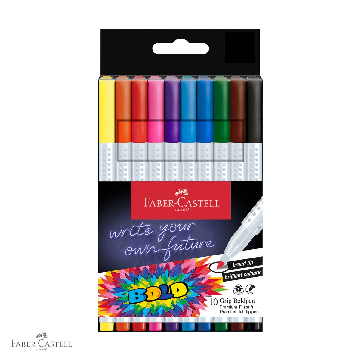 Carioci - Set 10 carioci Faber-Castell Grip Boldpen, varf lat, forma triunghiulara ergonomica, pentru copii