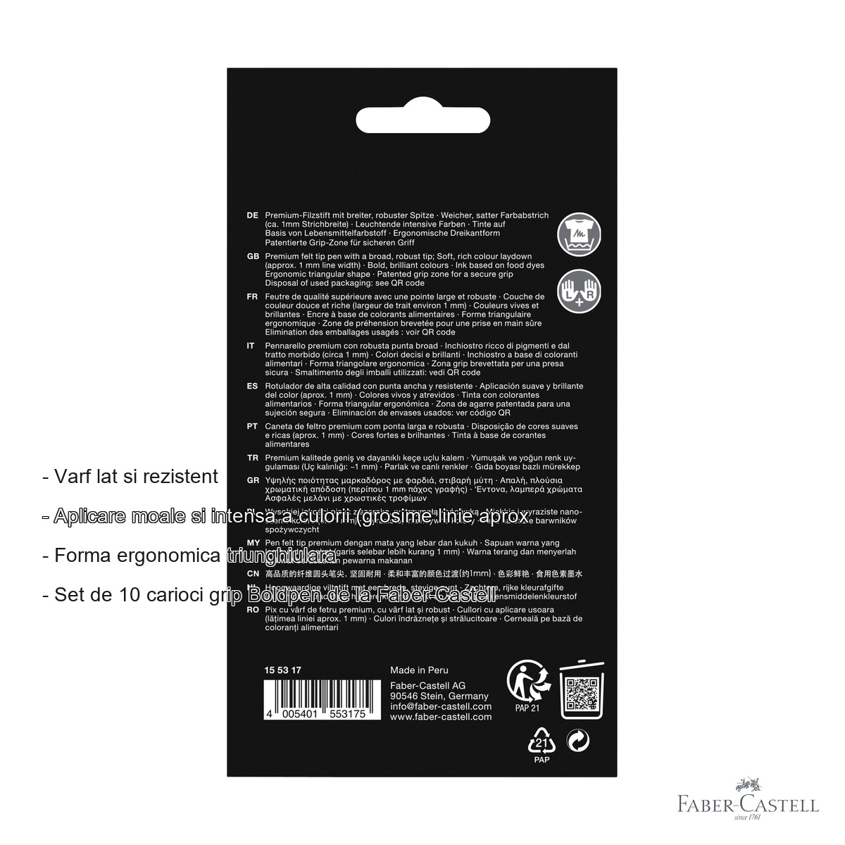 Set 10 carioci Faber-Castell Grip Boldpen, varf lat, forma triunghiulara ergonomica, pentru copii [1]