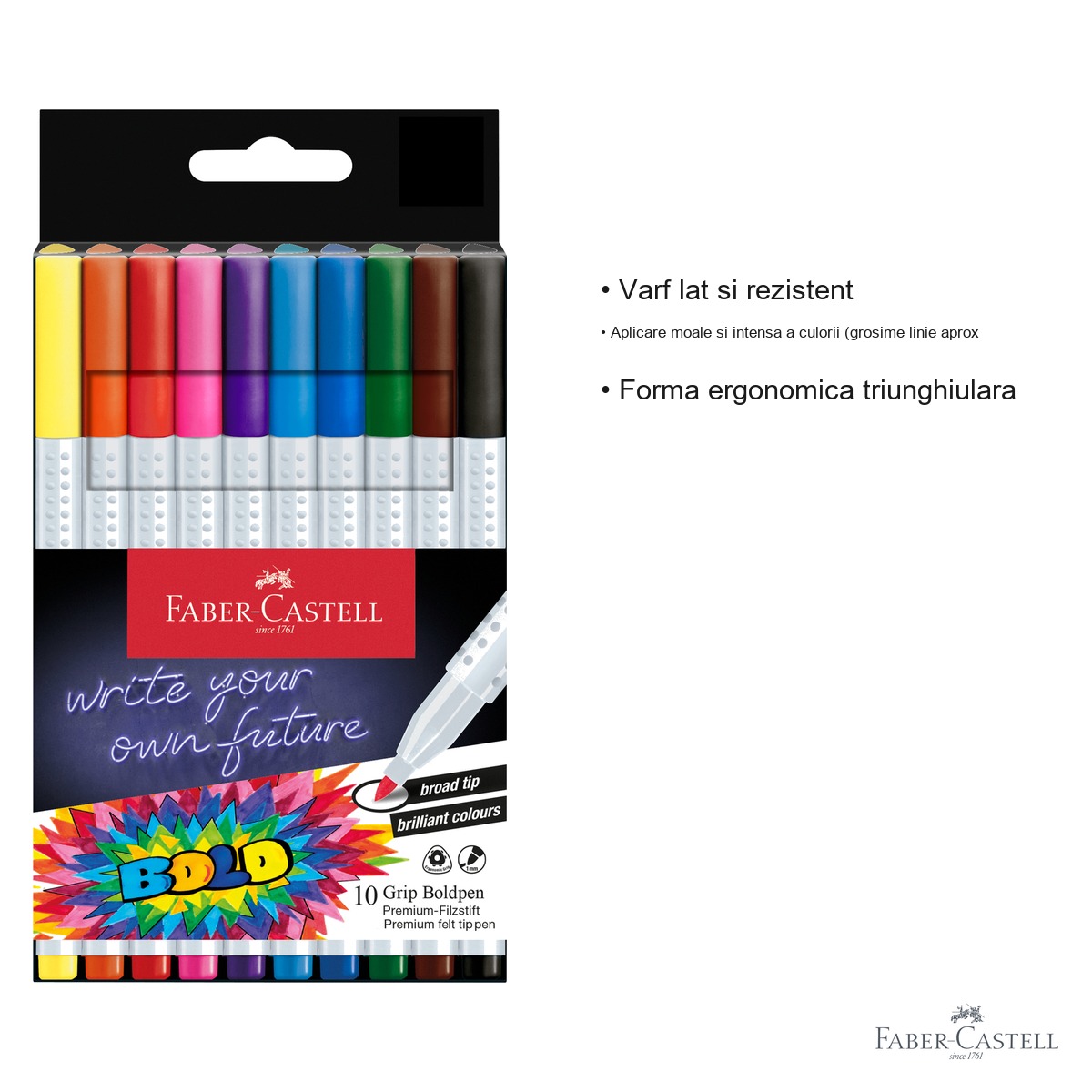 Set 10 carioci Faber-Castell Grip Boldpen, varf lat, forma triunghiulara ergonomica, pentru copii [2]