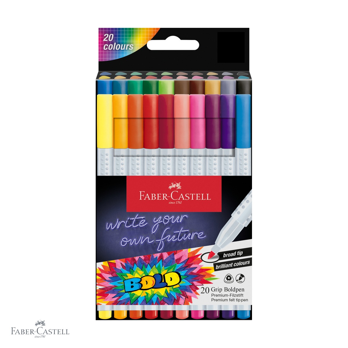 Carioci - Set 20 carioci Faber-Castell Grip Boldpen, varf lat, forma ergonomica triunghiulara, pentru copii