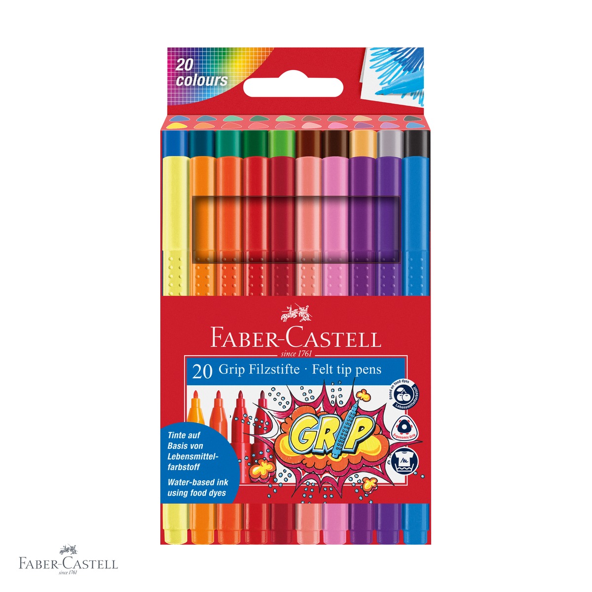 Carioci - Set 20 carioci Faber-Castell Grip, forma ergonomica triunghiulara, cerneala pe baza de apa, pentru copii